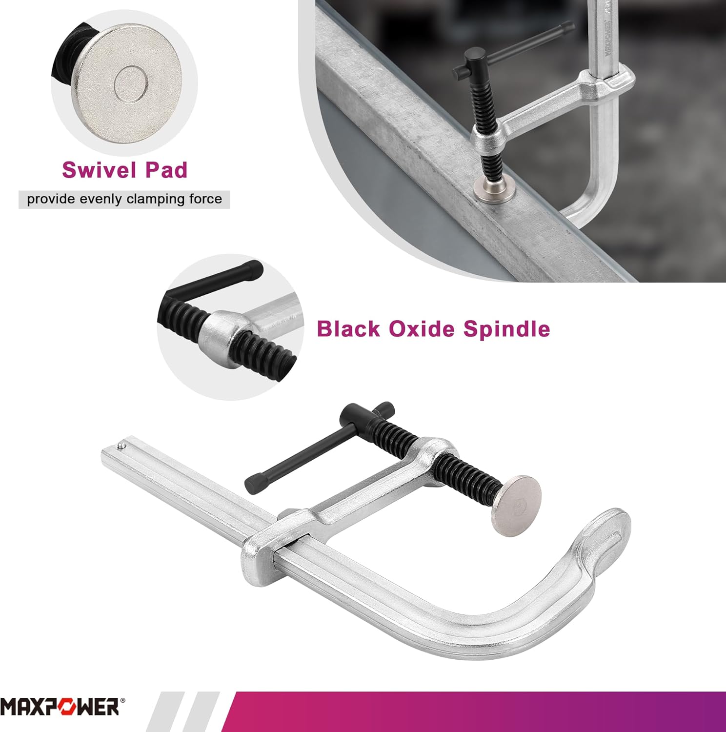 MAXPOWER Thick F Clamp, Max Jaw Opening 10 inch (250 mm), Heavy Duty Clamps Throat 4-3/4 inch (120 mm), Rail 1-11/64" x 9/16", Max Load Limit 3505 LBS