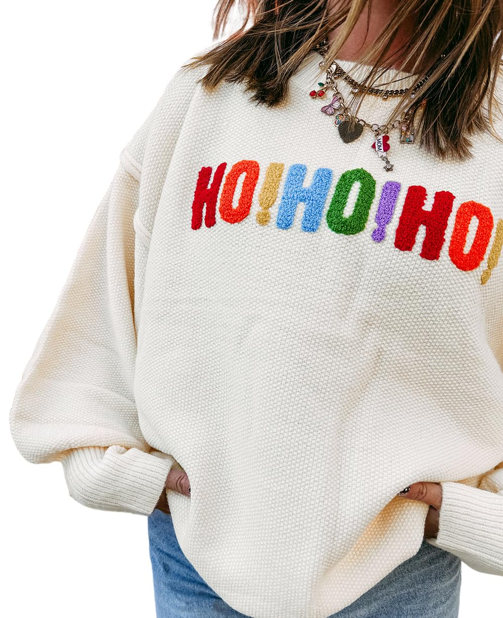 Womens Sweaters Casual Long Sleeve Creweck Merry Christmas Letter HOHOHO Loose Chenille Texture Pullover Tops