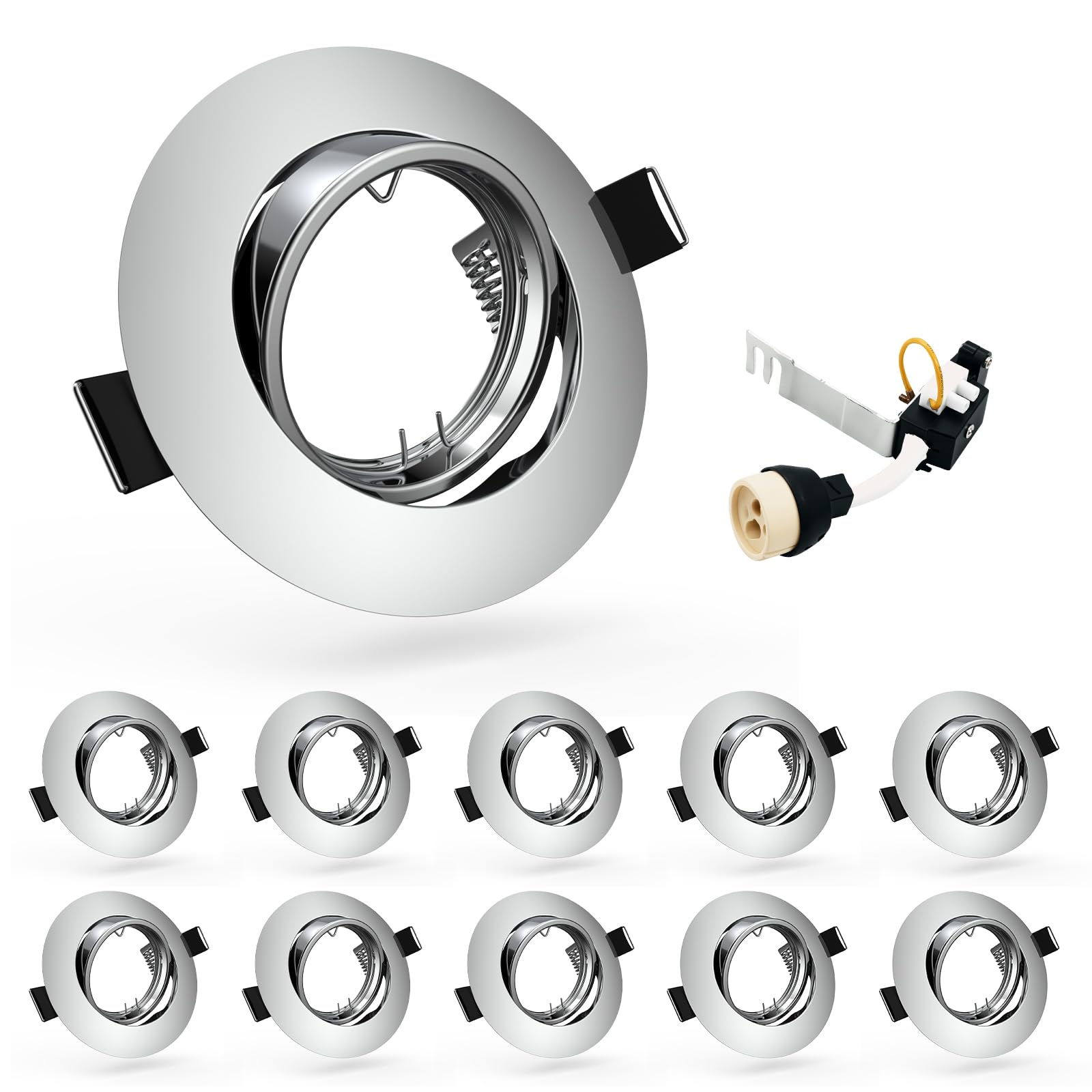 HiBay 10x Downlights for Ceiling GU10 Polished Chrome Spotlight 360° Tiltable Round Downlights for Kitchen Living Room 240V, 90mm Outer Diameter, 68-85mm Cut-Out Holes, Without Bulb