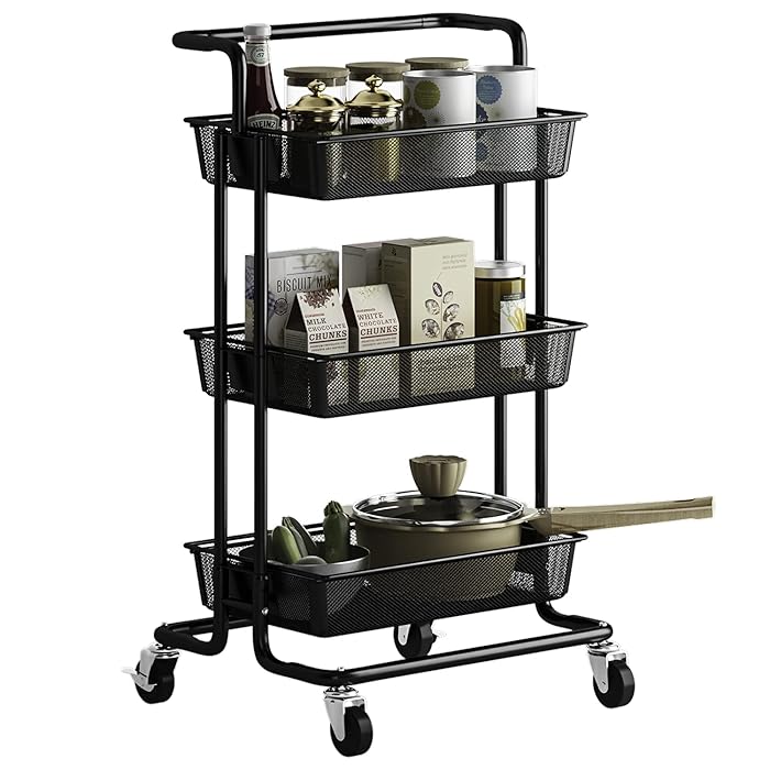 Buy Pusdon 3Tier Rolling Utility Cart, Metal Mesh Trolley Service Cart