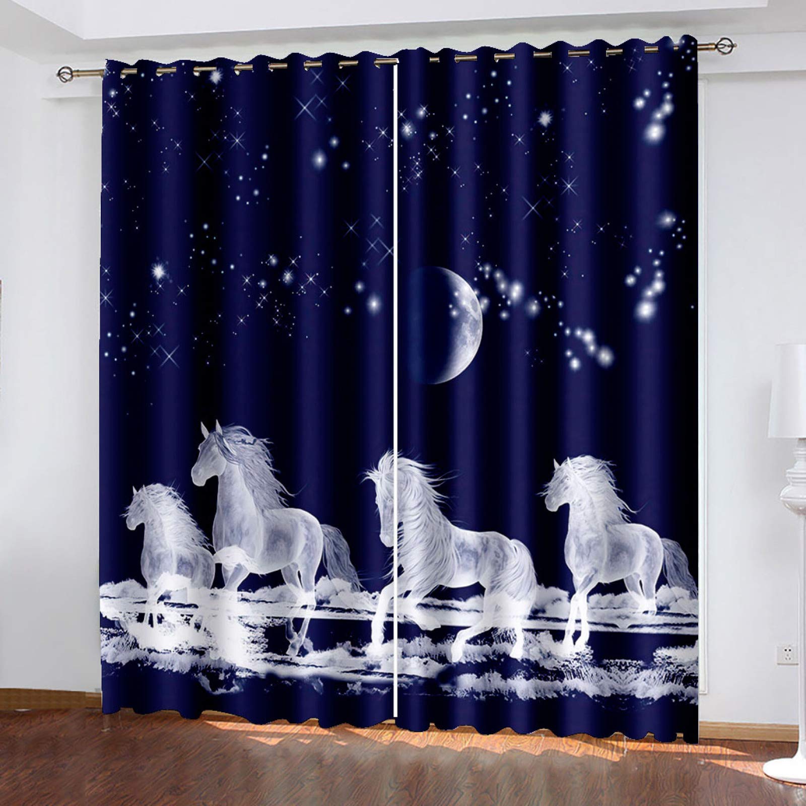 Rideau Occultant Chambre Lot De 2 - 140X160cm 3D Art Cheval Bleu Et Blanc Imprimé Rideaux Salon Opaque À Oeillets,Rideaux Grande Isolant Thermique Et Sonore, Décoration De Fenêtre