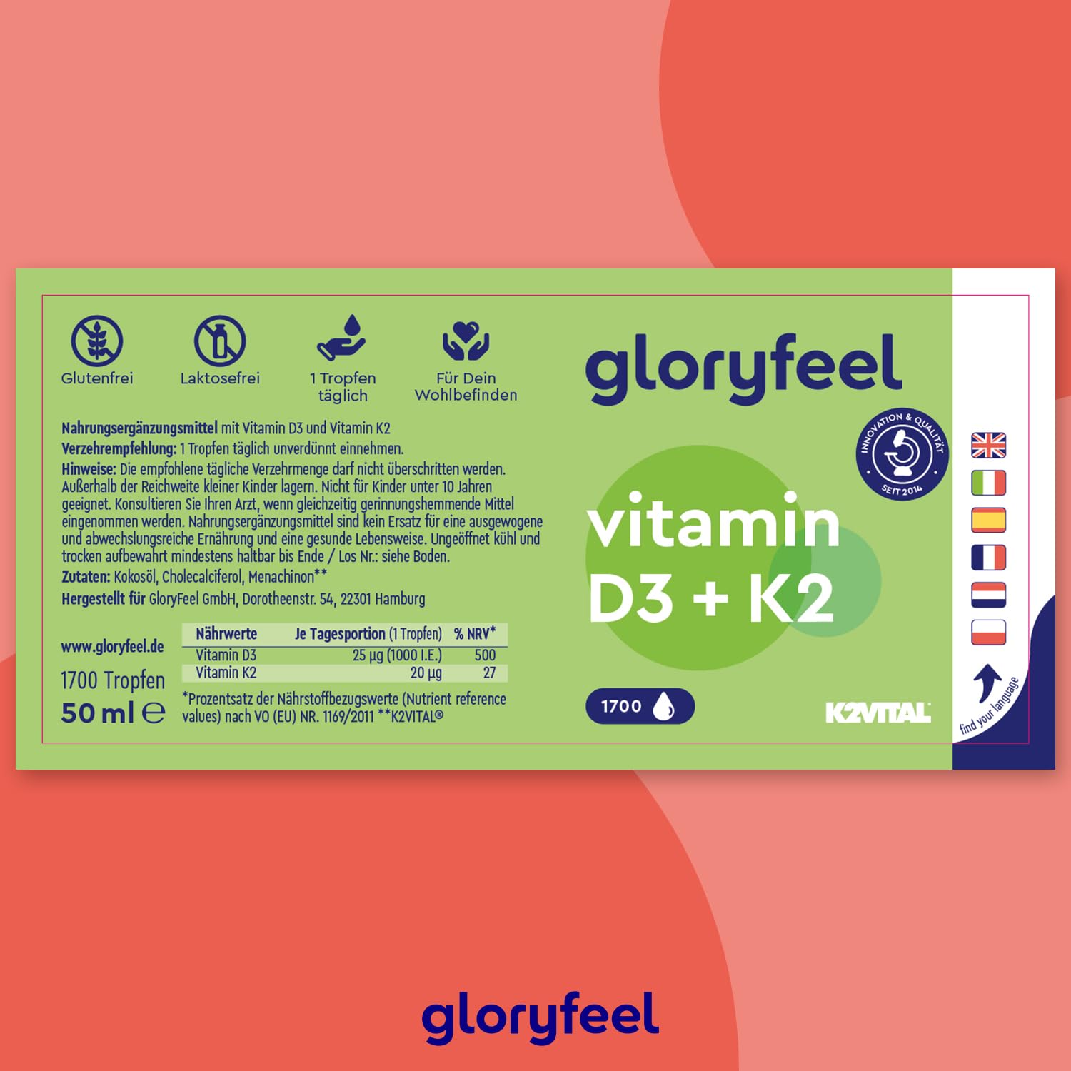 Vitamin D3 K2 (50ml) 1700 Tropfen - Markenrohstoff K2VITAL® - 99,7+% All-Trans - Vitamin D3 + Vitamin K2 MK7 - laborgeprüft & in Deutschland entwickelt