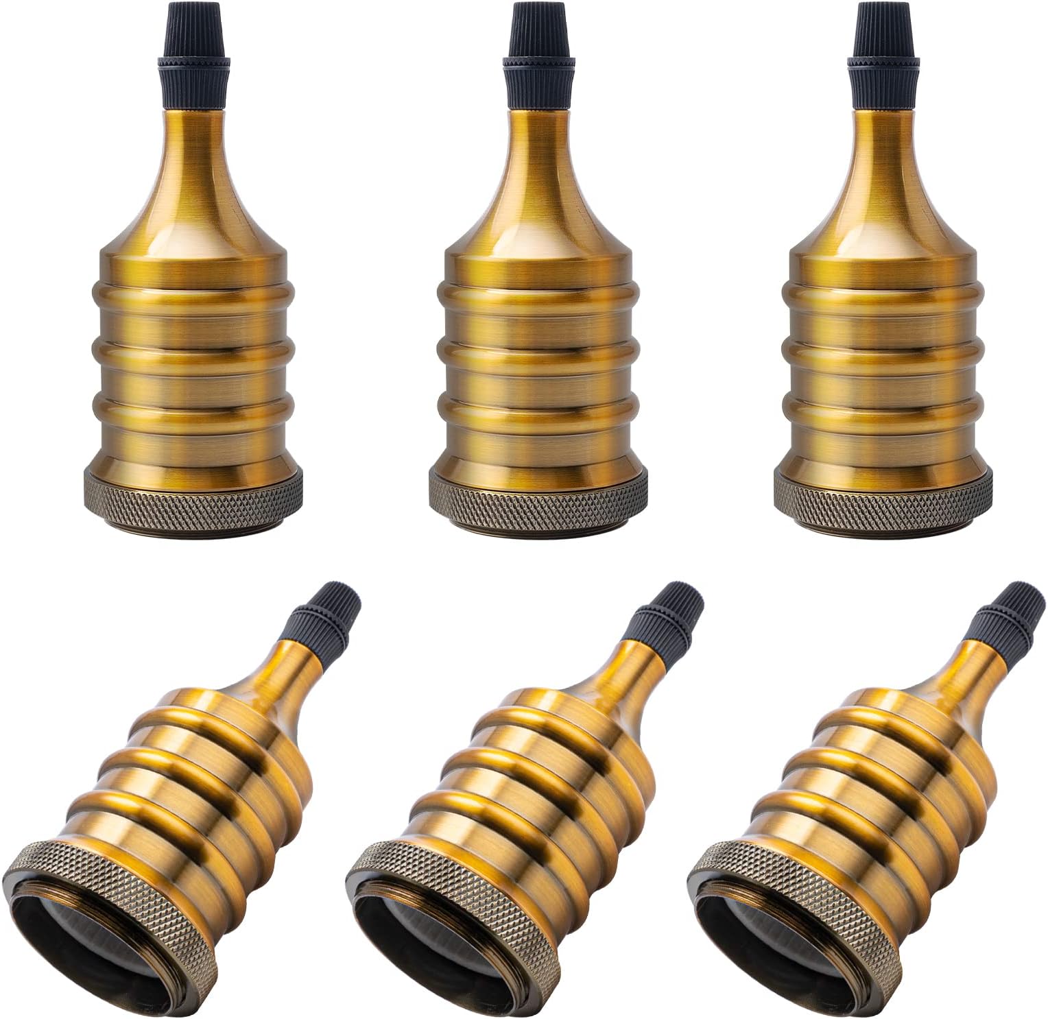 DiCUNO Vintage E26 Lamp Socket, Edison Pendant Light Socket Replacement, Antique Hanging Lamp Holder for Industrial, Decorative, DIY Lighting, Vintage Brass, 600℃ Heat Resistant, Tower Shape, 6 Pack