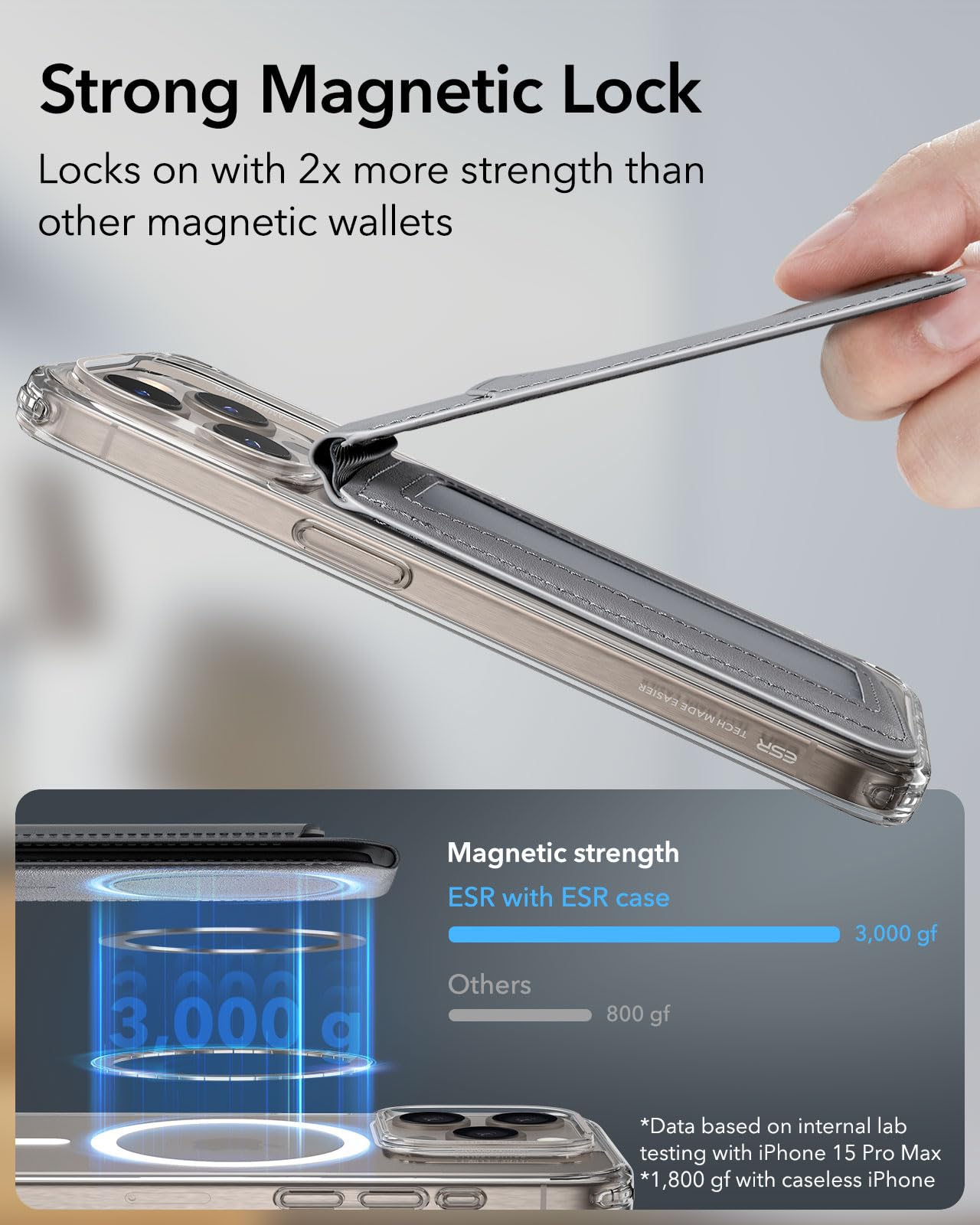 ESR Portafoglio Magnetico (HaloLock), Compatibile con Il Portafoglio MagSafe, Supporto per 3 Carte, Pelle vegana, Supporto Regolabile, per iPhone Serie 16/15/14/13/12, Non per 13/12 Mini, Grigio