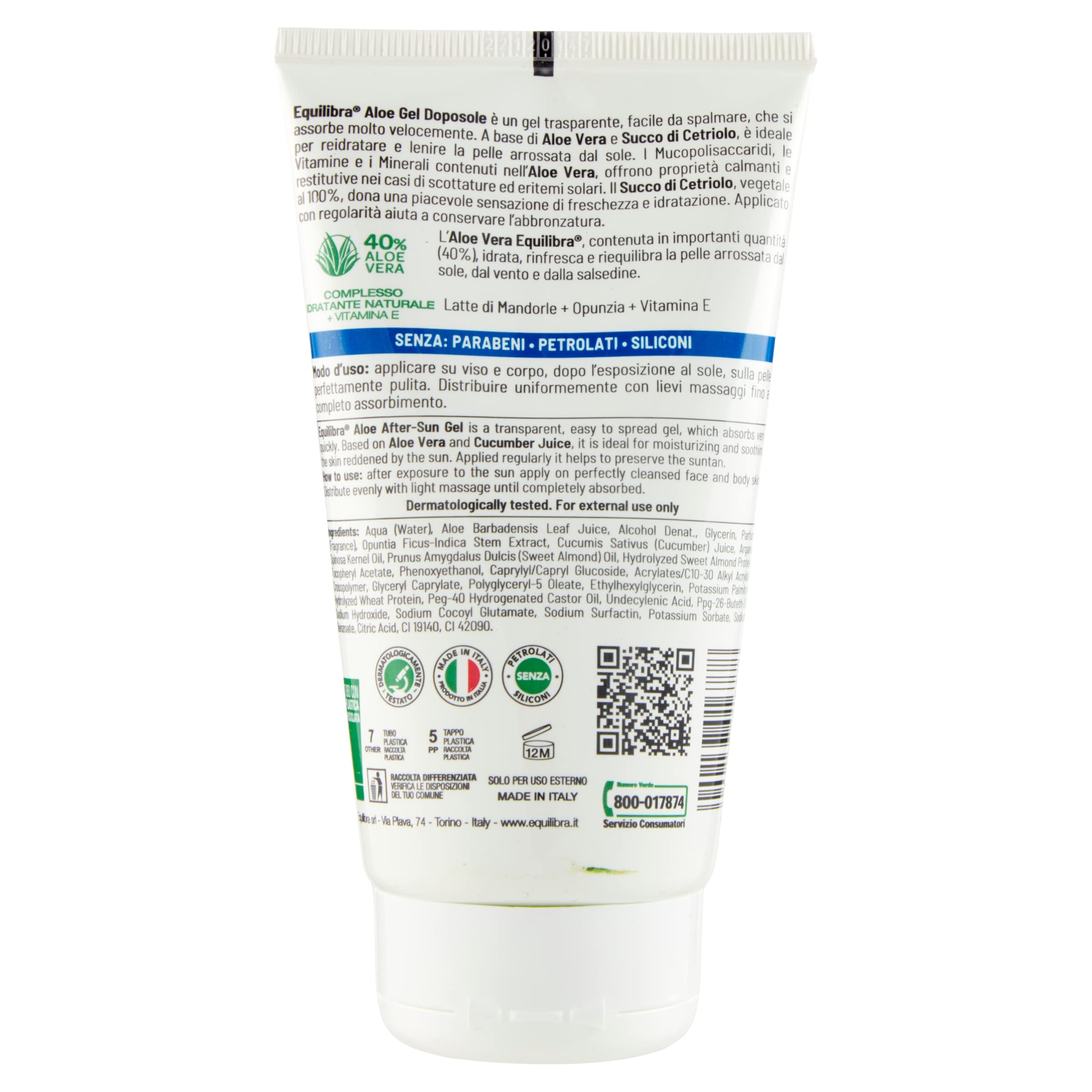 equilibra Solari, Aloe Gel Doposole Calmante, Per Idratare, Lenire e Riequilibrare la Pelle Arrossata dal Sole, con Succo di Cetriolo per un Effetto Freschezza e Idratazione, 150 ml