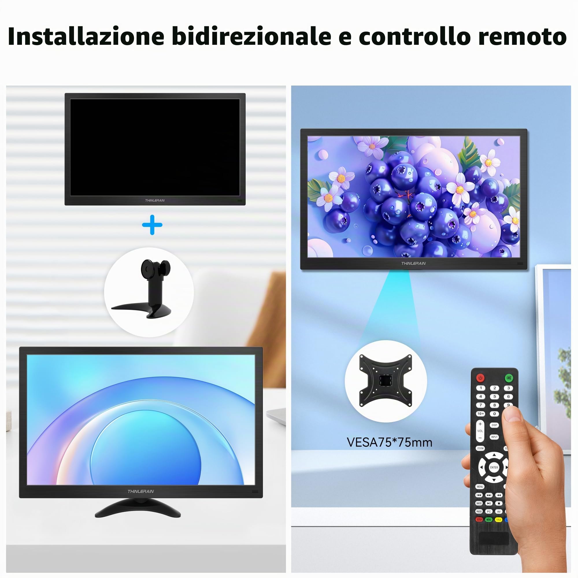 Monitor PC da 15,6 pollici, pannello 1600 × 900 TN, 60 Hz, 5 ms, piccolo monitor da desktop con connettore HDMI/VGA/BNC/AV/USB/AV, due altoparlanti, VESA