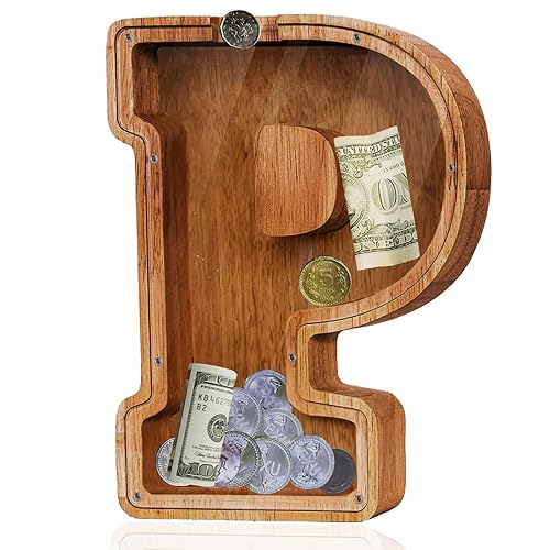 Vista 125 de Customized Name Large Wooden Piggy Bank for Boys Girls Alphabets Letter A-Z Coins Bills Money Change Bank Box Initial on Clear Cover