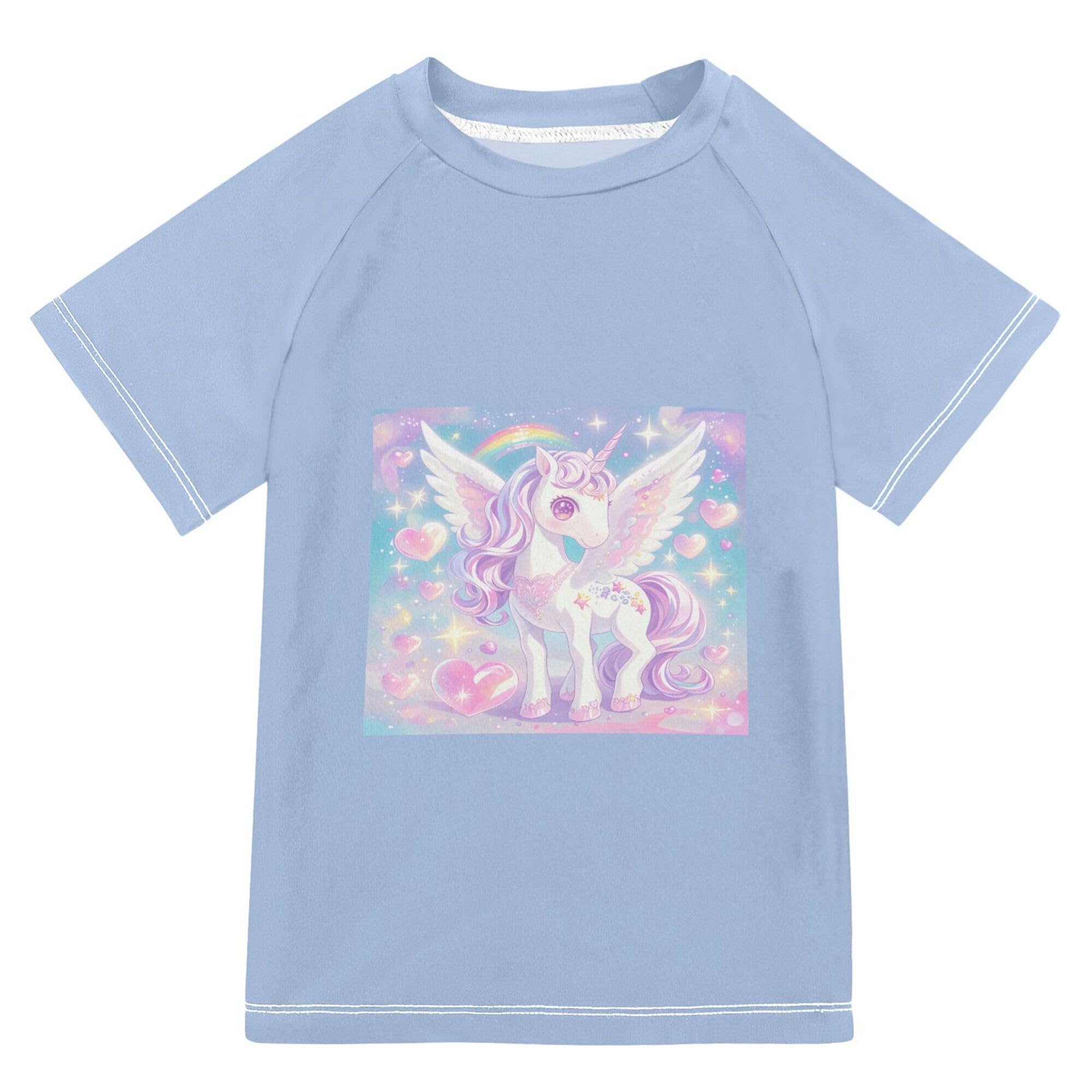 Cute Cartoon Unicorns Hearts Girls Bathing Suit Sun Protection Girl Swim Rashguard Swimwears Baseball Shirts for Youth Boys 11-12Y