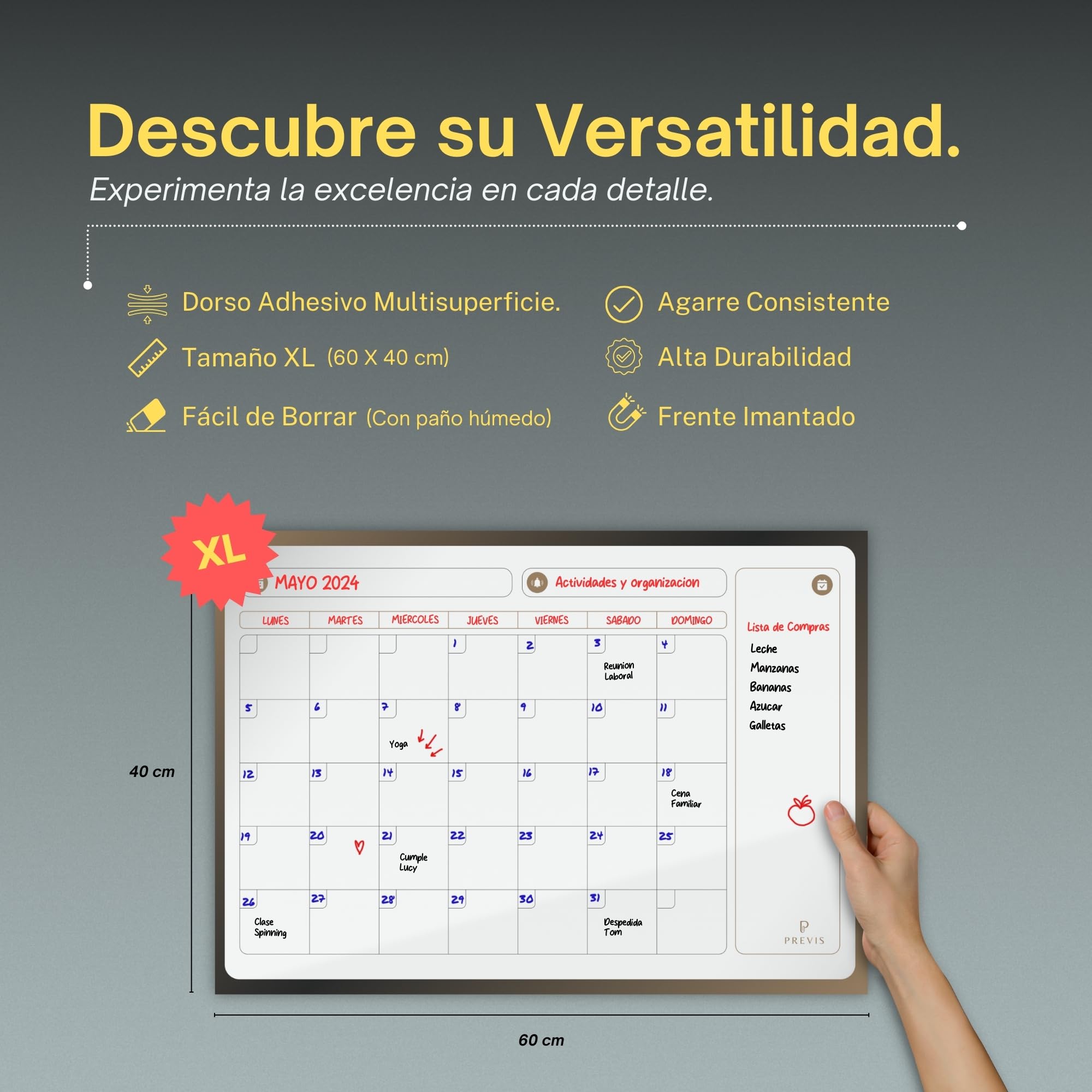 PREVIS Pizarra Calendario Pared Adhesivo A2 60x40cm con 3 Rotuladores - Planificador Mensual Cocina, Escritorio, Habitación, Oficina - Wall Calendar 2026 Planner