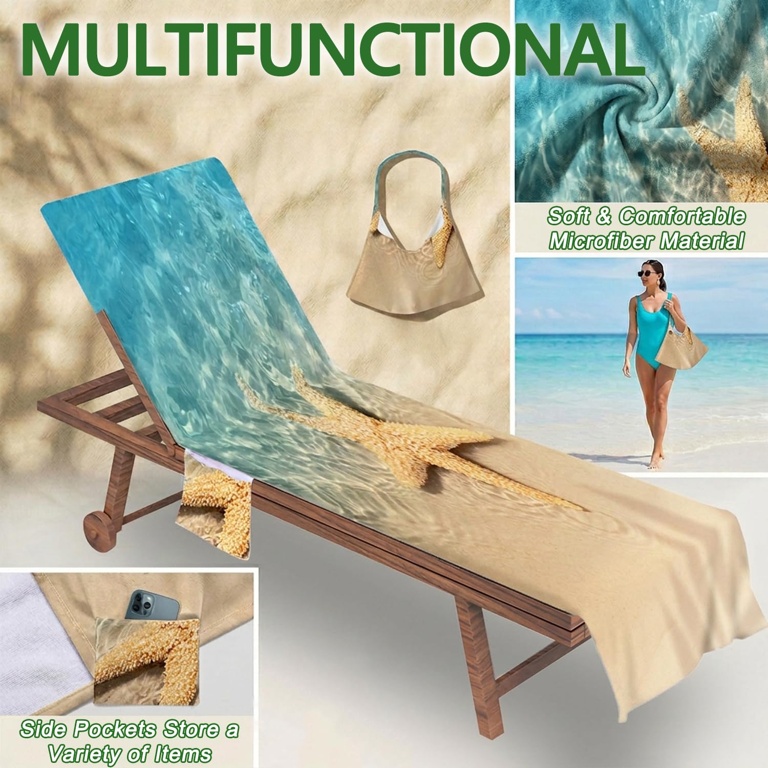 Surwin Telo Mare per Lettino, Stella Marina Microfibra Fodera per Sedia da Spiaggia con Tasche Laterali, Copri Lettino Mare per Asciugamano Piscina | 75x210cm, Verde