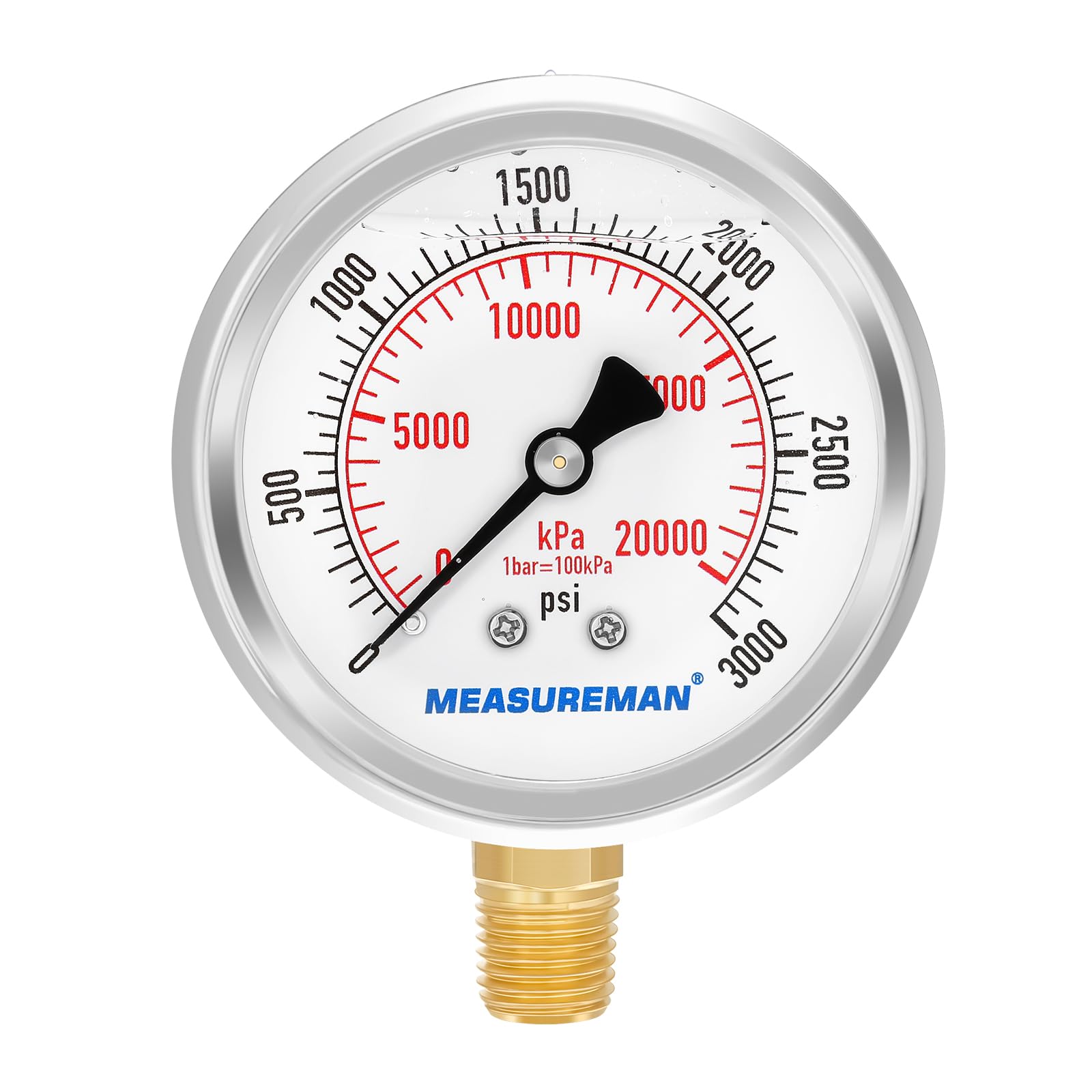 MEASUREMAN 2-1/2" dial, 1/4"NPT Lower, Glycerin Filled, Stainless Steel case, Brass Inside, 0-3000psi/kpa-image-14