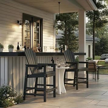WILLIAMSPACE Patio Bar Chair Bar Stool, Outdoor All Weather HDPE Height Adirondack Chair with Armrests & Cup Holder, 1-Piece Counter Height Chair for Pool, Garden, Kitchen, ONLY 1 Chair Black