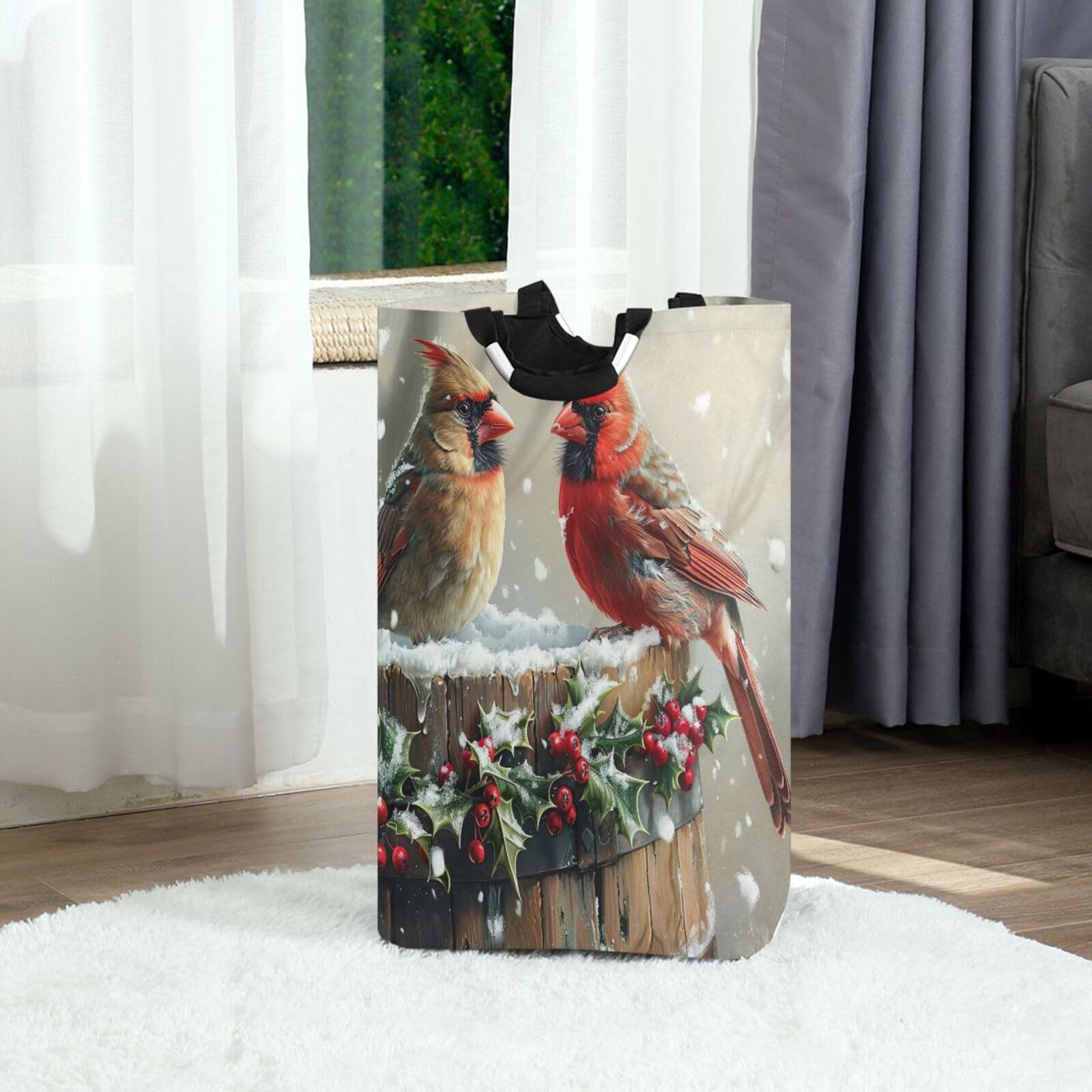 Jihqo Laundry Hamper Basket Christmas Cardinal Birds Collapsible Nursery Storage Bin Waterproof Clothing Baskets for Home Bedroom Bathroom Washing Room