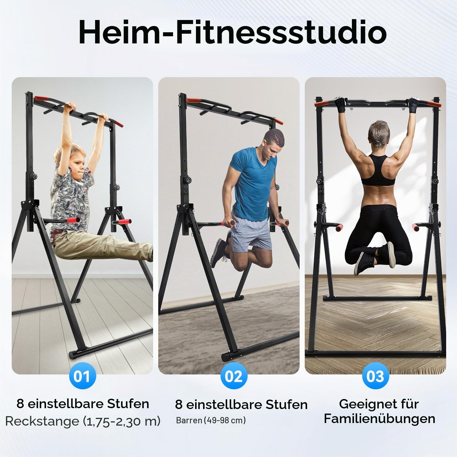 Power Tower Dip Station Faltbar & Höhenverstellbar - Freistehende Klimmzugstange bis 200kg - Multifunktionales Home Gym Krafttraining für Zuhause, Fitnessstudio & Sportzentren