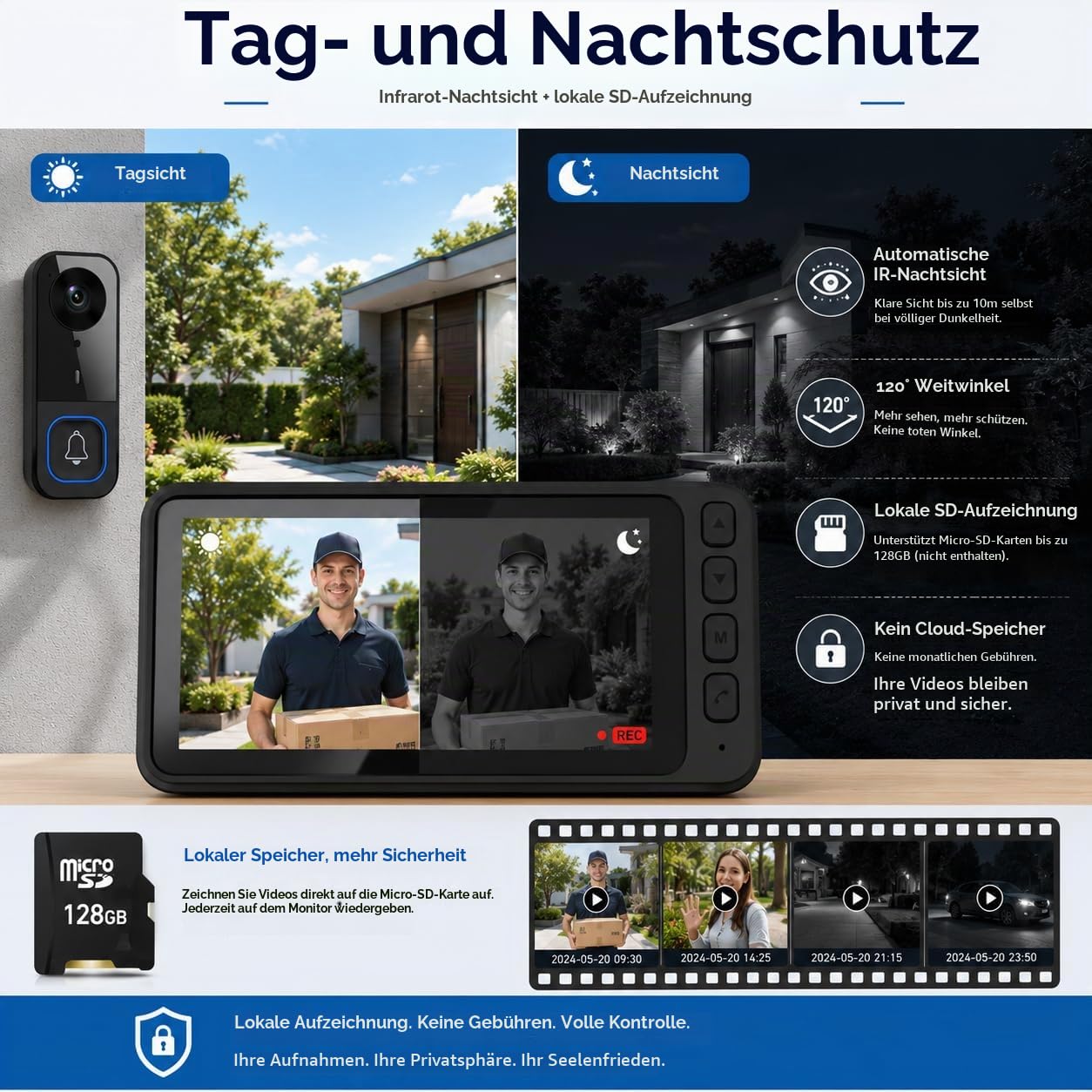 Kabellose Türklingel mit Kamera & 4,5'' Monitor – Funk Video Türsprechanlage ohne WLAN/App, 2-Wege Audio Gegensprechanlage, 720P HD, Nachtsicht, 120° Weitwinkel, wasserdicht Außen, mit SD Aufnahme