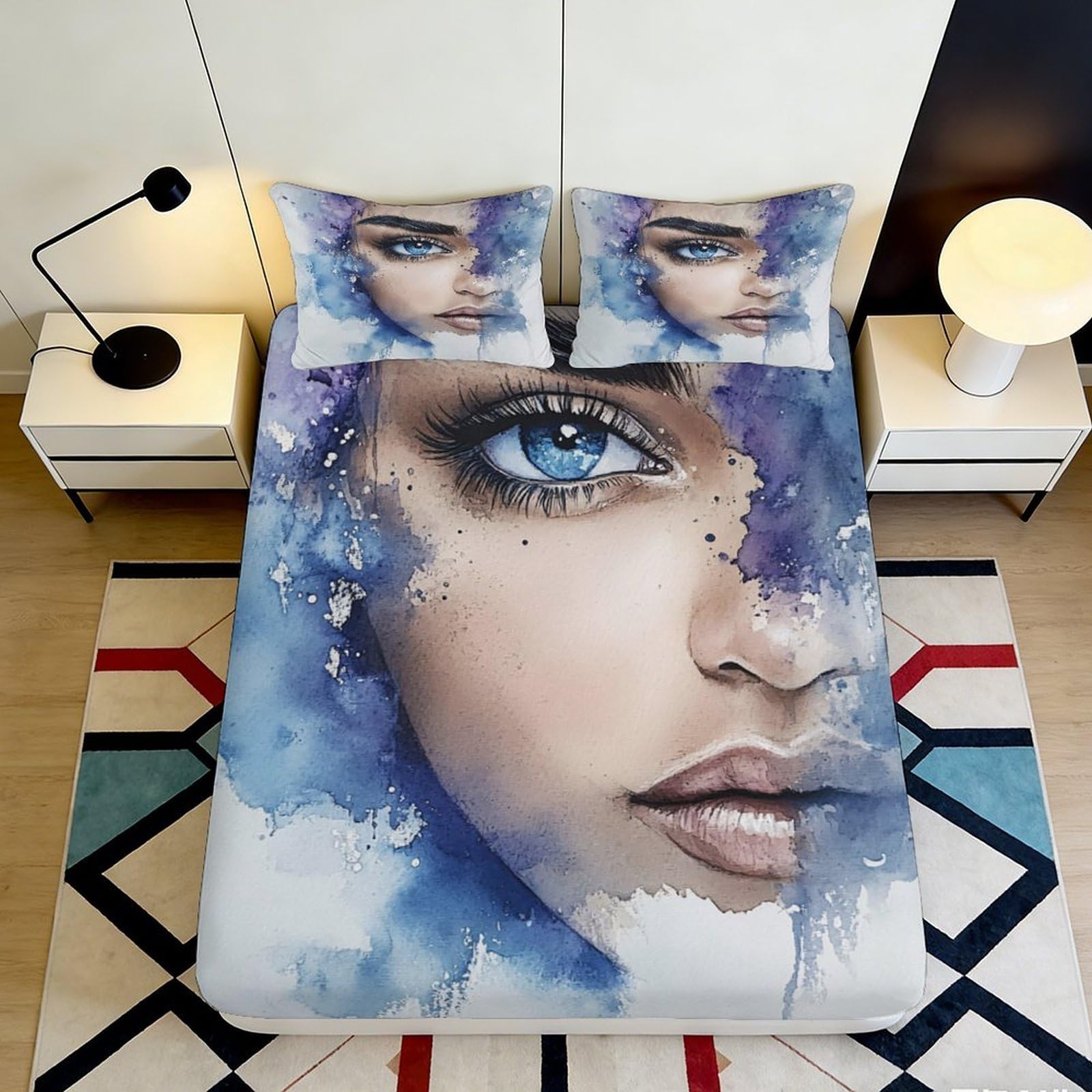 3D Printed Watercolor Blue Fitted Sheet Microfiber Soft Bedroom Decor Abstract Artistic Mattress Cover for Home Dorm Guest Room 90x200x25cm