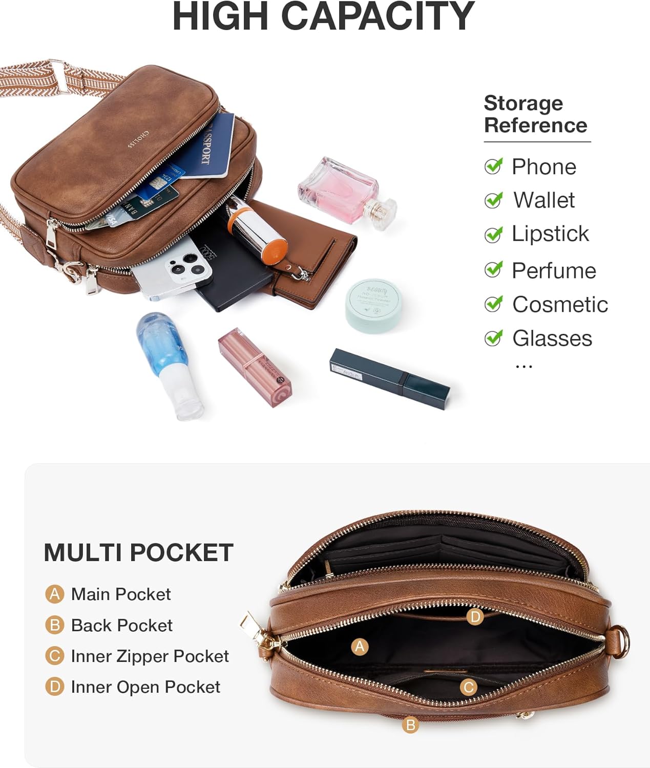 CHOLISS Small Purses for Women, Travel Purses Anti Theft Crossbody Bags for Women, Vegan Leather Adjustable Wide Guitar Strap | Travel Purses, Anti Theft, Adjustable, Wide Guitar Strap