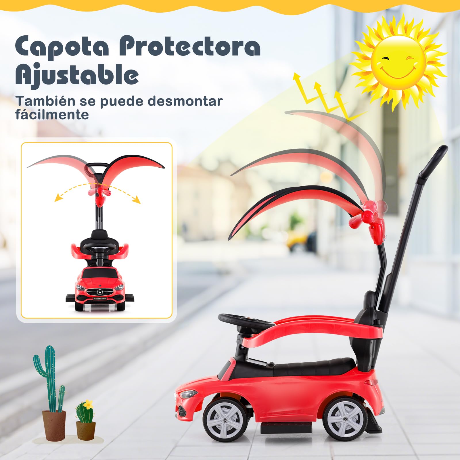 COSTWAY Coche Correpasillo 3 en 1 para Niños, Coche de Juguete con Barra de Empuje y Capota Ajustable, Coche con Pedal y Bocina para Niños de 18-36 Meses con Sonido (Rojo)