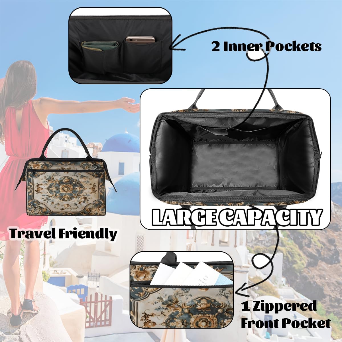 Duffel Bags Gym Bag for Women Men, Travel Duffel Bag with Trolley Sleeve, Waterproof Sports Gym Bag Weekender Overnight Bag Carry On Tote Bag for Gym Travel Sport, Tile Flowers Ornament Pattern - Image 6