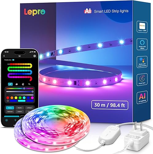 Lepro Tira de luces LED S1 AI para decoraciones de Navidad, 100 pies (2 rollos de 50 pies), tiras de luz RGB inteligentes con IC, sincronización de