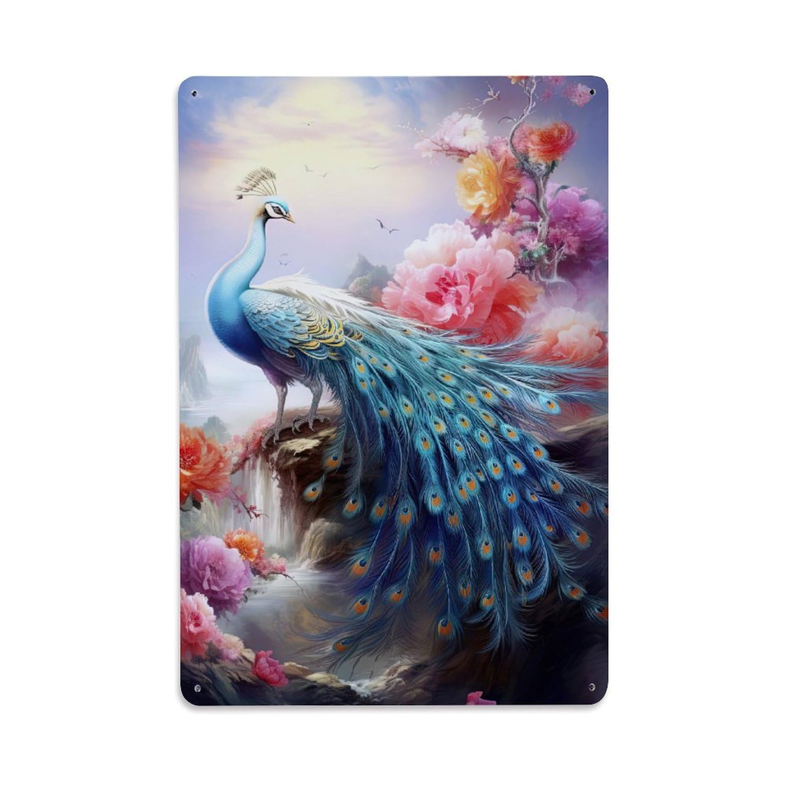 Vintage Botanical Animal Habitat Wildlife Peacock Flower Zen Metal Tin Sign Plaque Wall Decor for Cafe, Man Cave, Club Bar, Office, Home Garden Round Metal Poster 8x12Inch