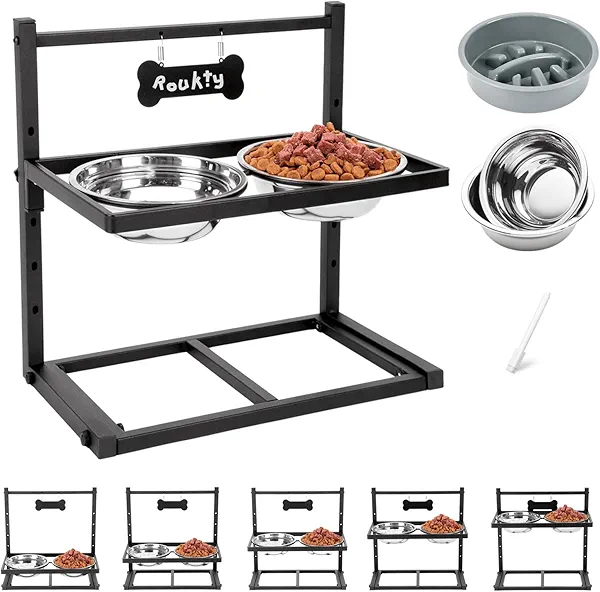 ADENGL Elevated Dog Bowls with Slow Feeder Dog Bowls, 5 Height Adjustable Raised Bowl Stand with 2 Stainless Steel Food & Water Container, Pet Bowl Elevated for Medium Large Pet
