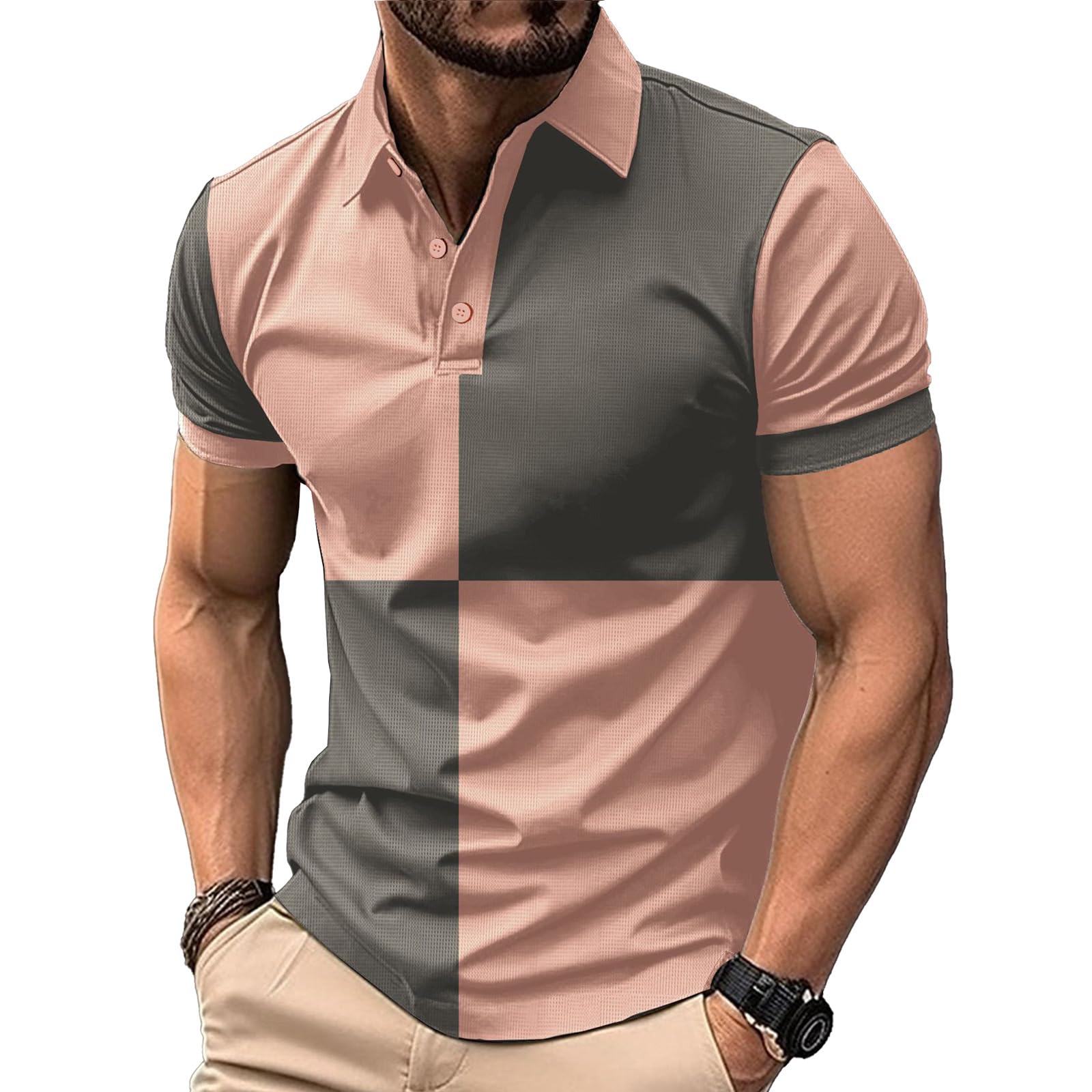 DEEX L Pink Mixed Grey Men's Polo Shirts Short Sleeve 2026 Casual Polo T Shirt Color Block Slim Fit Summer Collared Golf Shirts