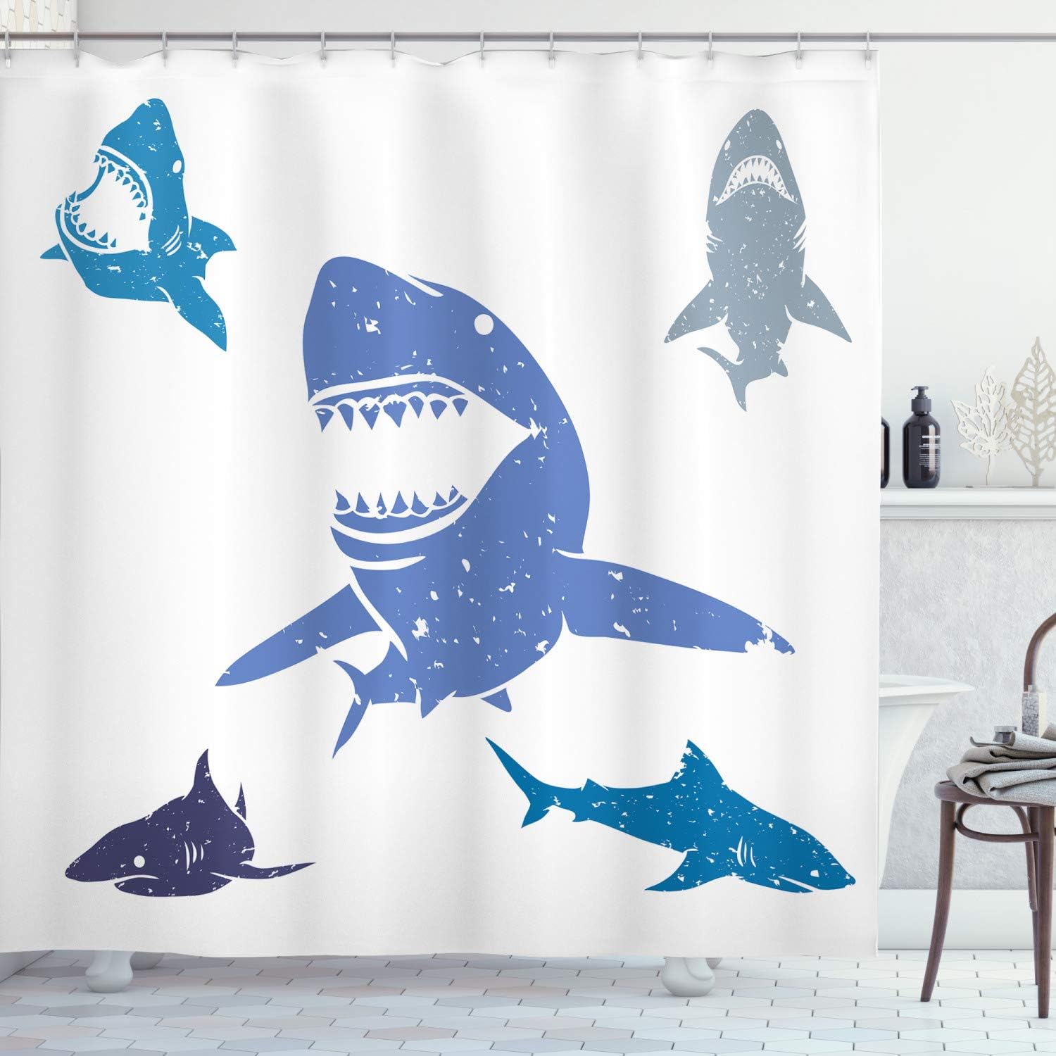 Ambesonne Shark Shower Curtain, Grunge Style Big and Small Mammals Open Mouths Predator Dangerous Image Print, Cloth Fabric Bathroom Decor Set with Hooks, 69" W x 75" L, Royal Blue