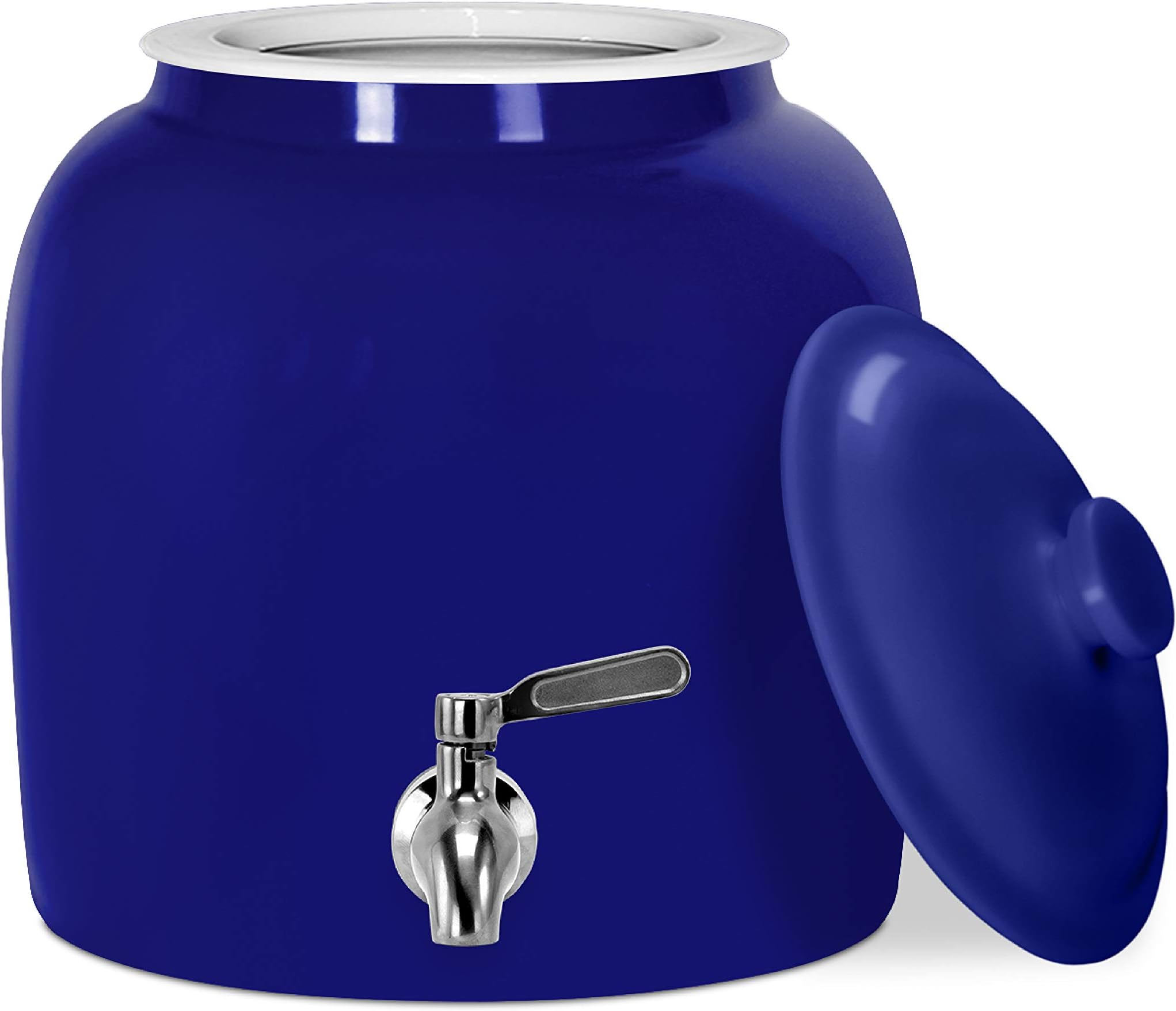 Geo Sports Porcelain Ceramic Crock Water Dispenser, Stainless Steel Faucet, Valve and Lid Included. Fits 3 to 5 Gallon Jugs. BPA & Lead Free (Solid Blue)