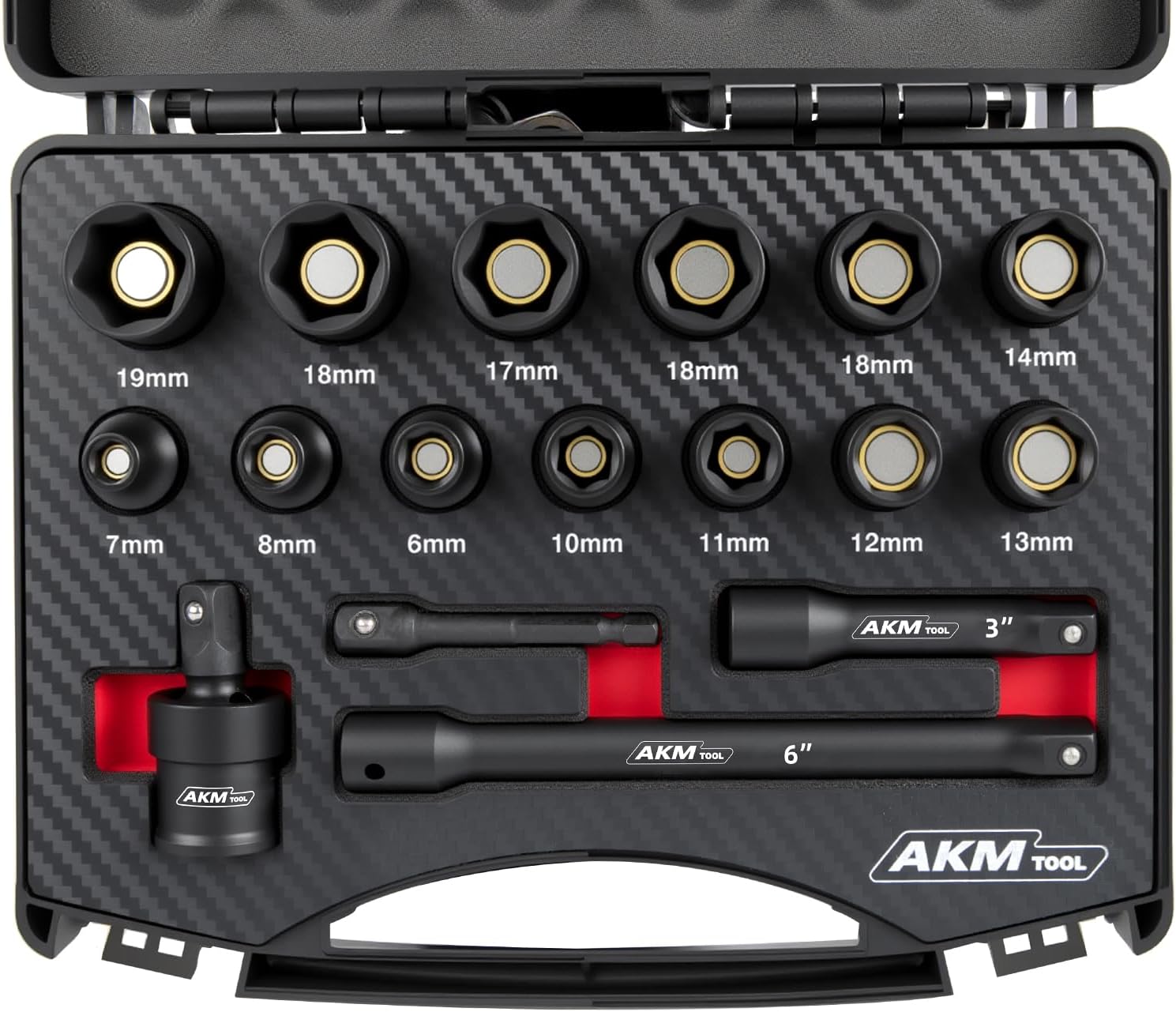 17PCS 3/8 Inch Drive Magnetic Impact Socket Set, Metric, 7mm-19mm, 6 Point, Cr-Mo, Square Drive, Magnetic Socket with Universal Joint, Drill Bit Adapter & Extension