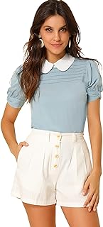 Allegra K Women Vintage Contrast Peter Pan Collar Puff Sleeve Blouse