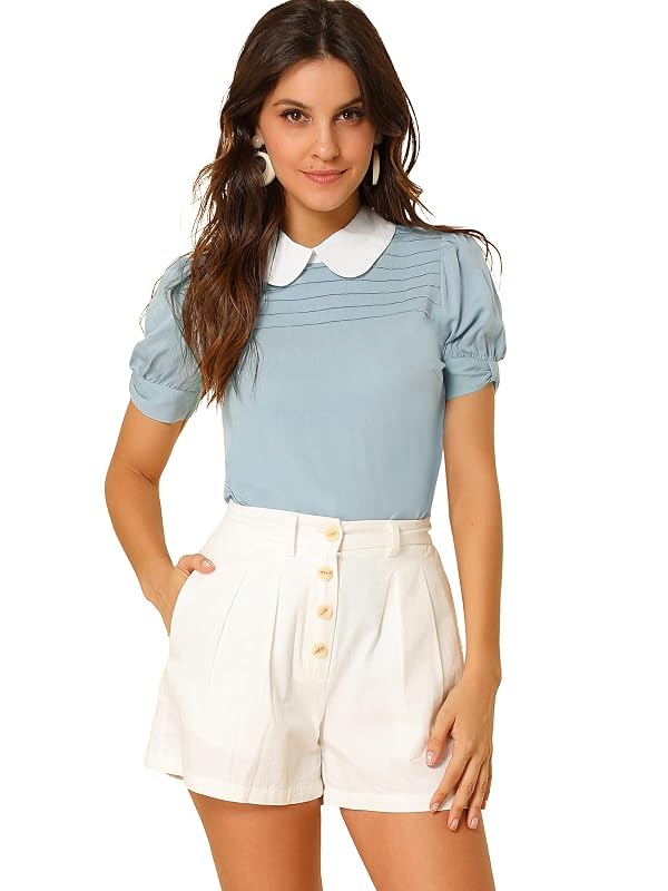 Allegra K Women's Vintage Peter Pan Collar Contrast Puff Short Sleeve Blouse Top Medium Blue by Allegra K - Used condition - US$24.14