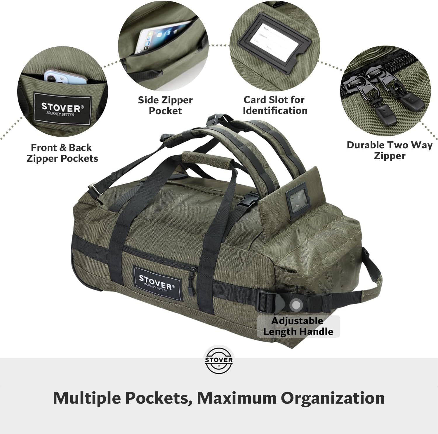 STOVER 45L Carry-On Rolling Duffel Bag with Wheels, Medium Durable Travel Duffle w/Toiletry Bag, Heavy-Duty, Packable, Foldable with Shoulder Straps- Use as Luggage or Backpack, Men/Women (Green) - Image 3