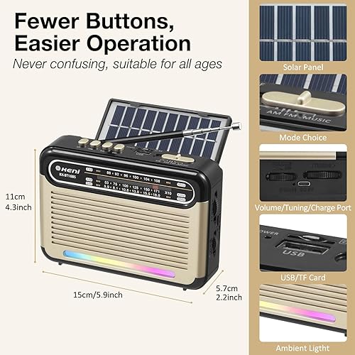 Miniatura 6 de G Keni Radio solar portátil AM FM SW con batería recargable, radio Bluetooth de onda corta, recepción fuerte, entrada de tarjeta USBTF, panel solar,