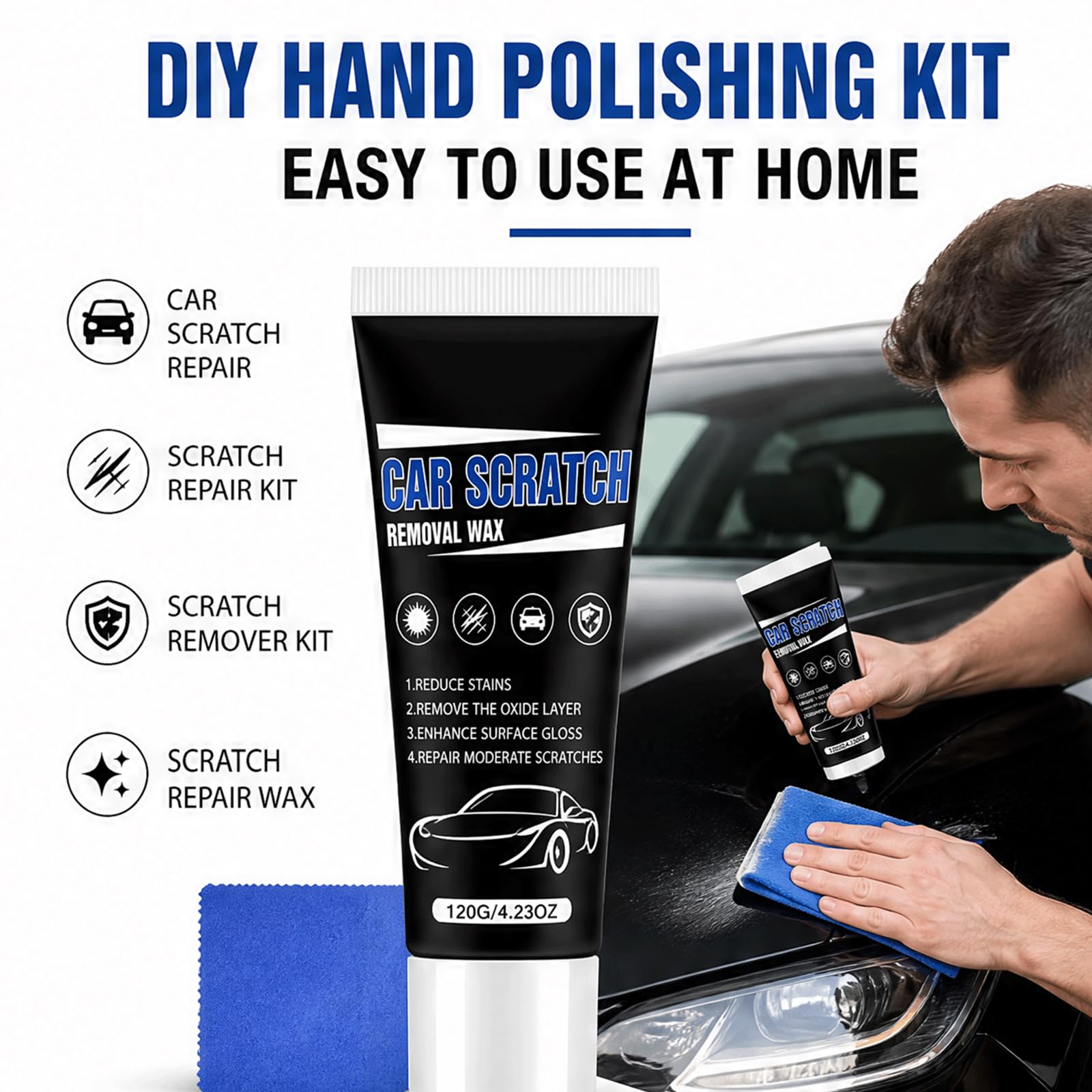 Car Scratch Repair Paste Wax Kit - Universal Car Paint Scratch Repair Polish & Surface Restoration Paste, Quick Restore Shine & Color, DIY Hand Polishing mit Schwamm & Handtuch, (3 STÜCKE)