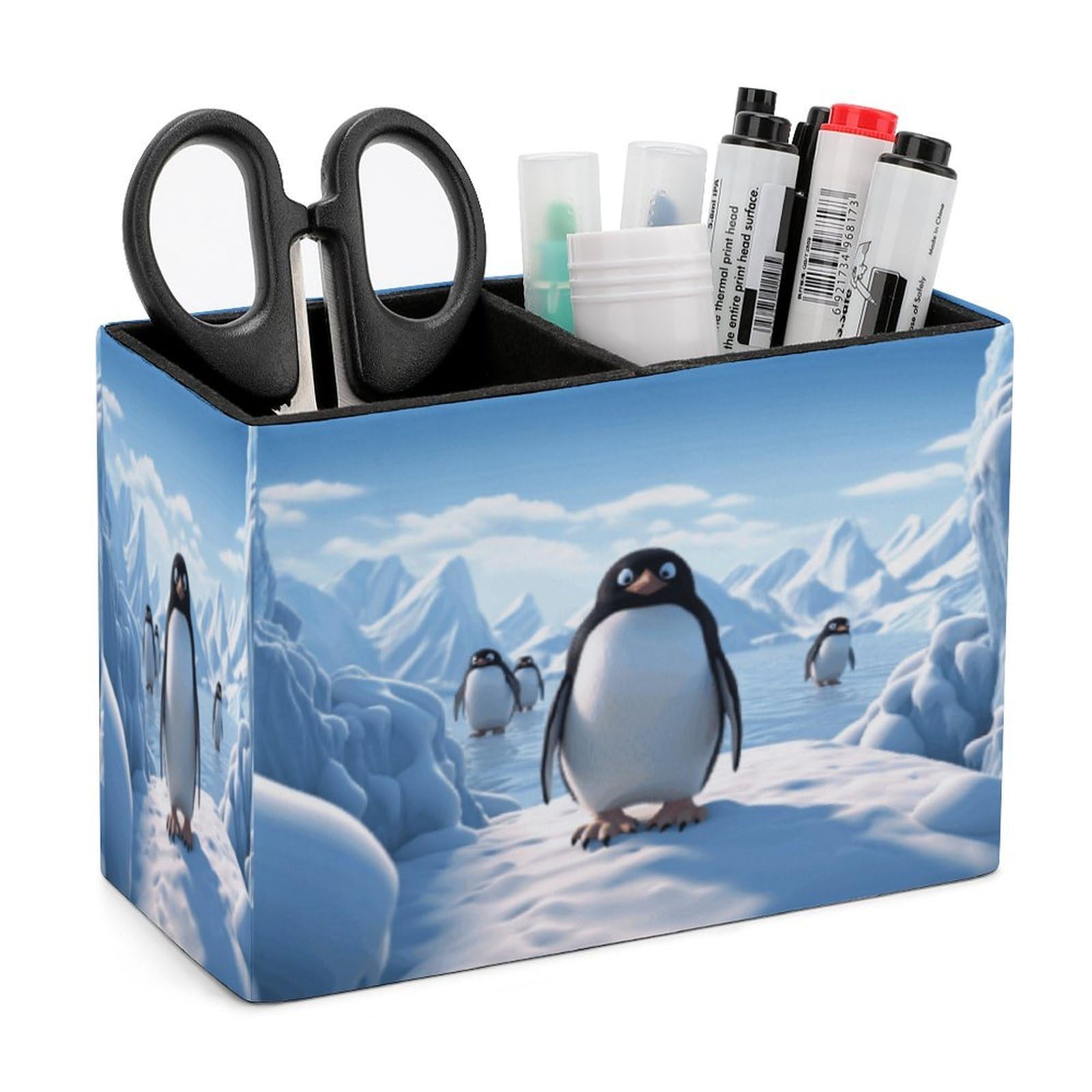 LZQPOEAS Penguin Antarctica Ice-png Leather Pen Holder Square Pencil Holder Multi-Functional Desk Organizer Modern Pen Cup Pencil Cup Minimalist Desktop Stationery Organizer for Desk Office Home