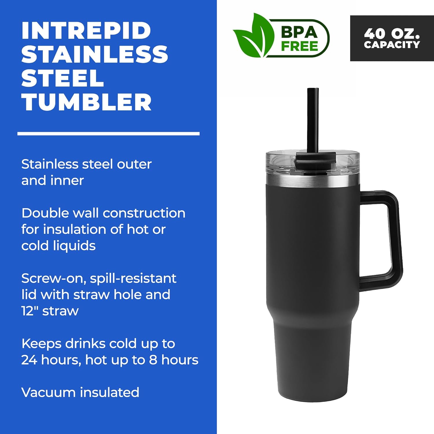 10 Ct of 40 Oz Intrepid Stainless Steel Tumbler with Lid, Straw & Handle – Black – Customizable Insulated Cups for Water, Coffee, Hot & Iced Drinks – Great for DIY, Events, Work - Image 2