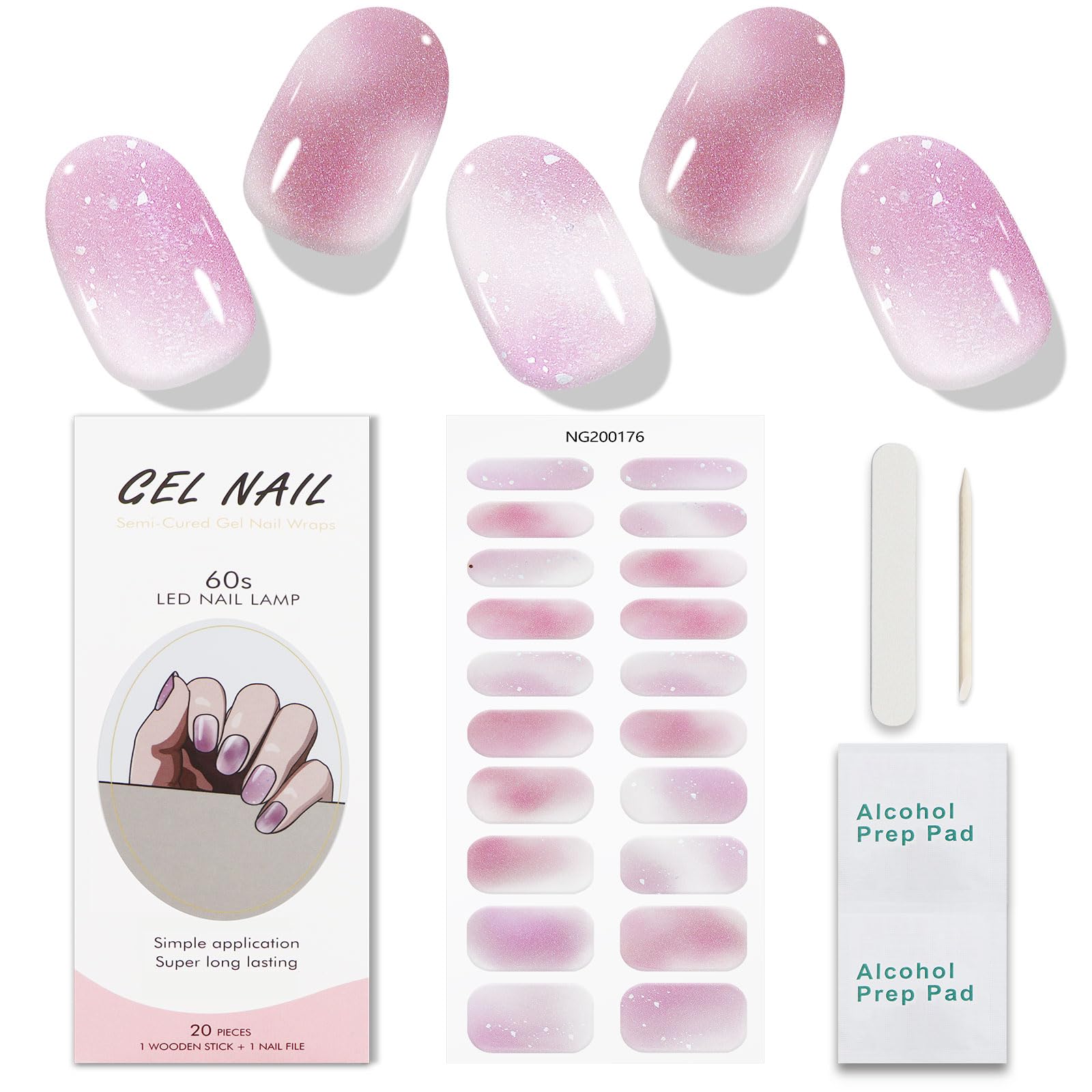 JMEOWIO Gel Nail Stickers Glitter Pink Purple Semi Cured Gel Nail Strips Wraps UV/LED Nails Art Design Decoration Accessories