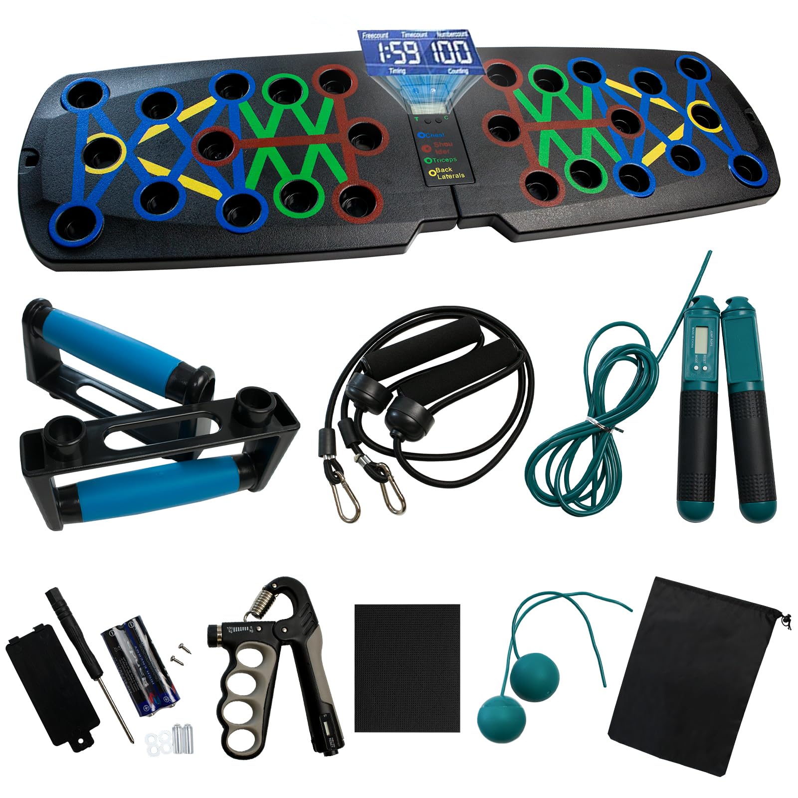 Landvidar solid foldable push up board with automatic intelligent counter, equipped with intelligent counting grip strength tester,intelligent counting dual-use steel wire skipping rope, anti slip soft rubber grip, anti slip pad, auxiliary pull rope and storage bag, professional home exercise equipment, male and female strength training equipment