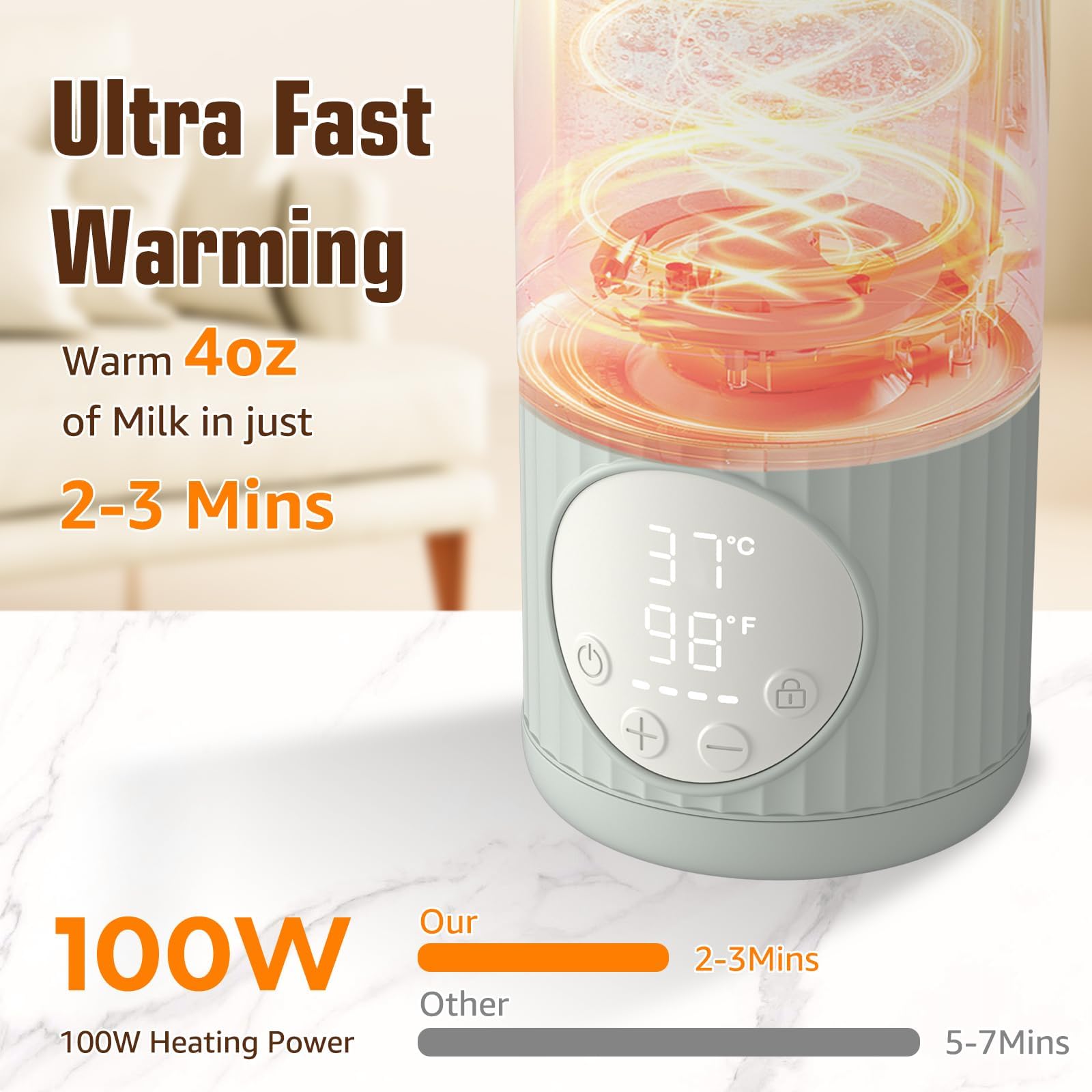Scaldabiberon da viaggio - Riscaldamento rapido da 100 W e controllo preciso della temperatura per latte materno, formula o acqua, scaldino portatile di grande capacità (grigio)