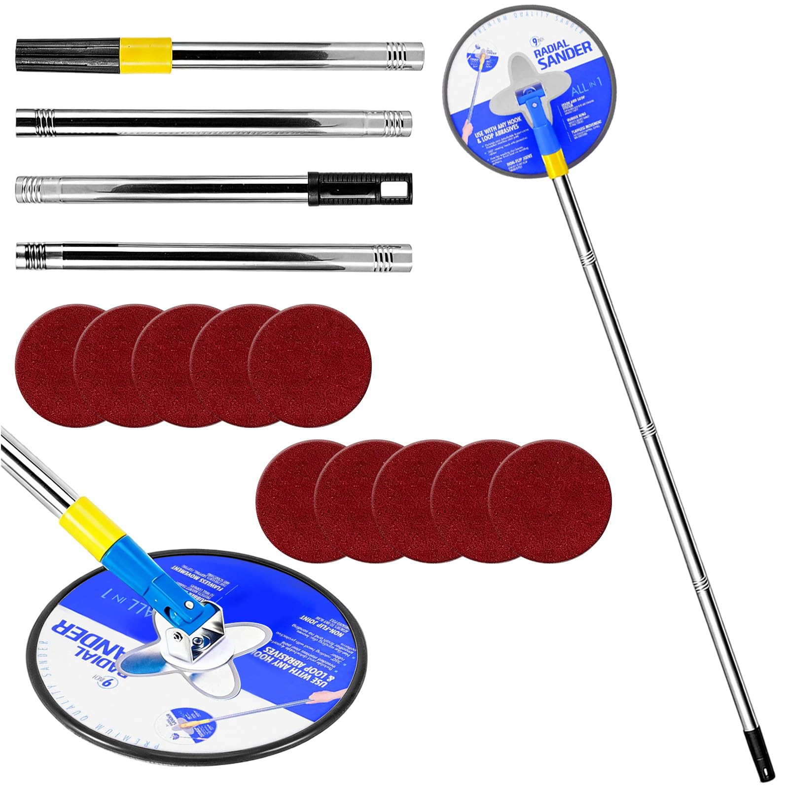 Ponceuse Plâtre avec Perche Telescopique & 10 Feuilles Abrasives, Tête Radiale Ronde Rotation 360 °, Outil Ponçage Extension 180 cm pour Cloison Sèche, Murs et Plafonds (Grain 80/120/150/180/240)