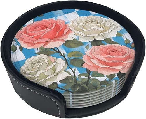 Plaid Background Roses Fashionable Printed Leather Coaster Set,A Set of 6 Pieces,4 Inches in Diameter,Adding an Artistic Atmosphere to Your Desktop disponible en Yaxa Venezuela