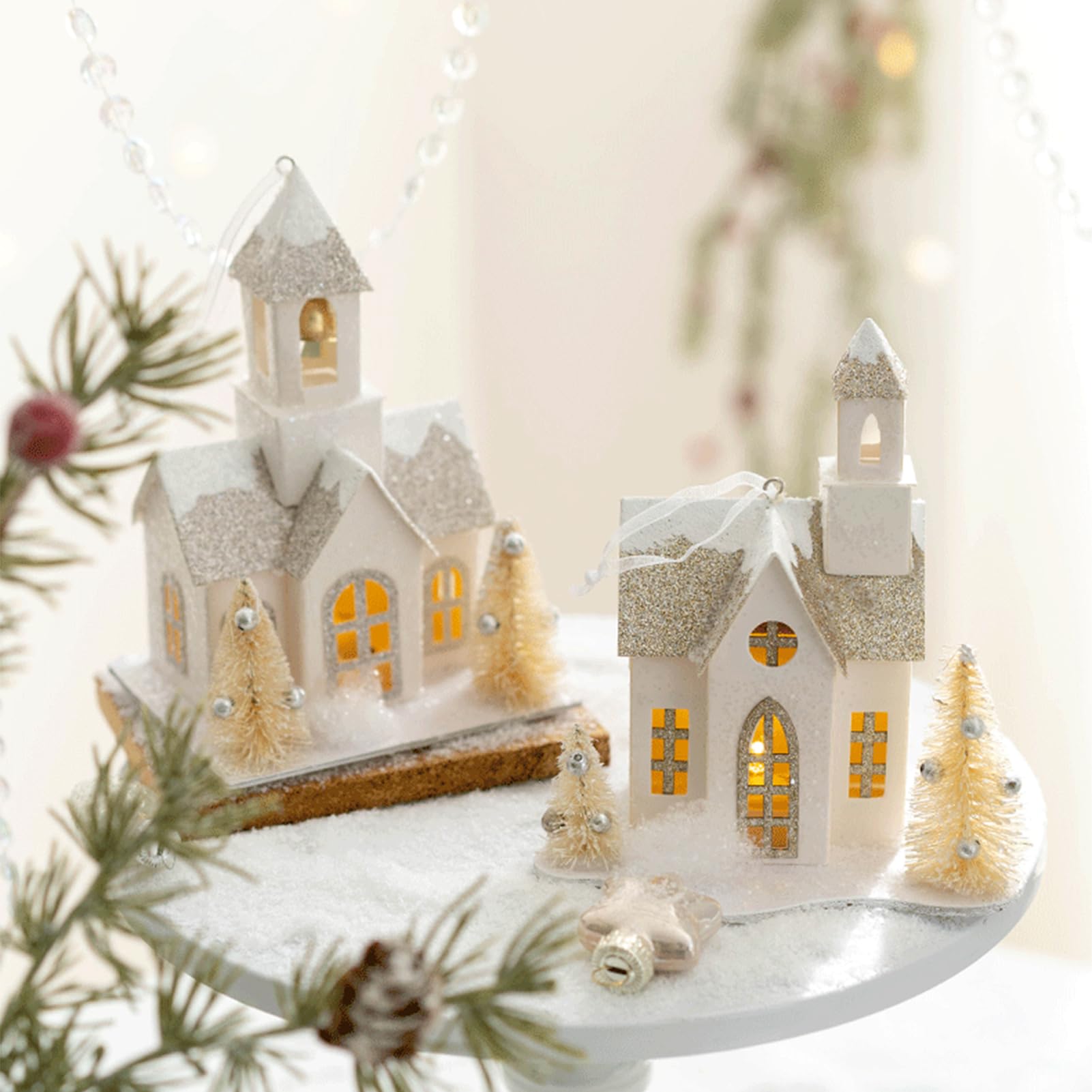 TSYFM Weihnachtsdorfhäuser mit LED-Beleuchtung, 13 cm, Pappe, Weihnachtshaus, weißes Weihnachtshaus, Weihnachtsdorf-Sets für Desktop-Ornamente, Landschaftsdekoration (C)