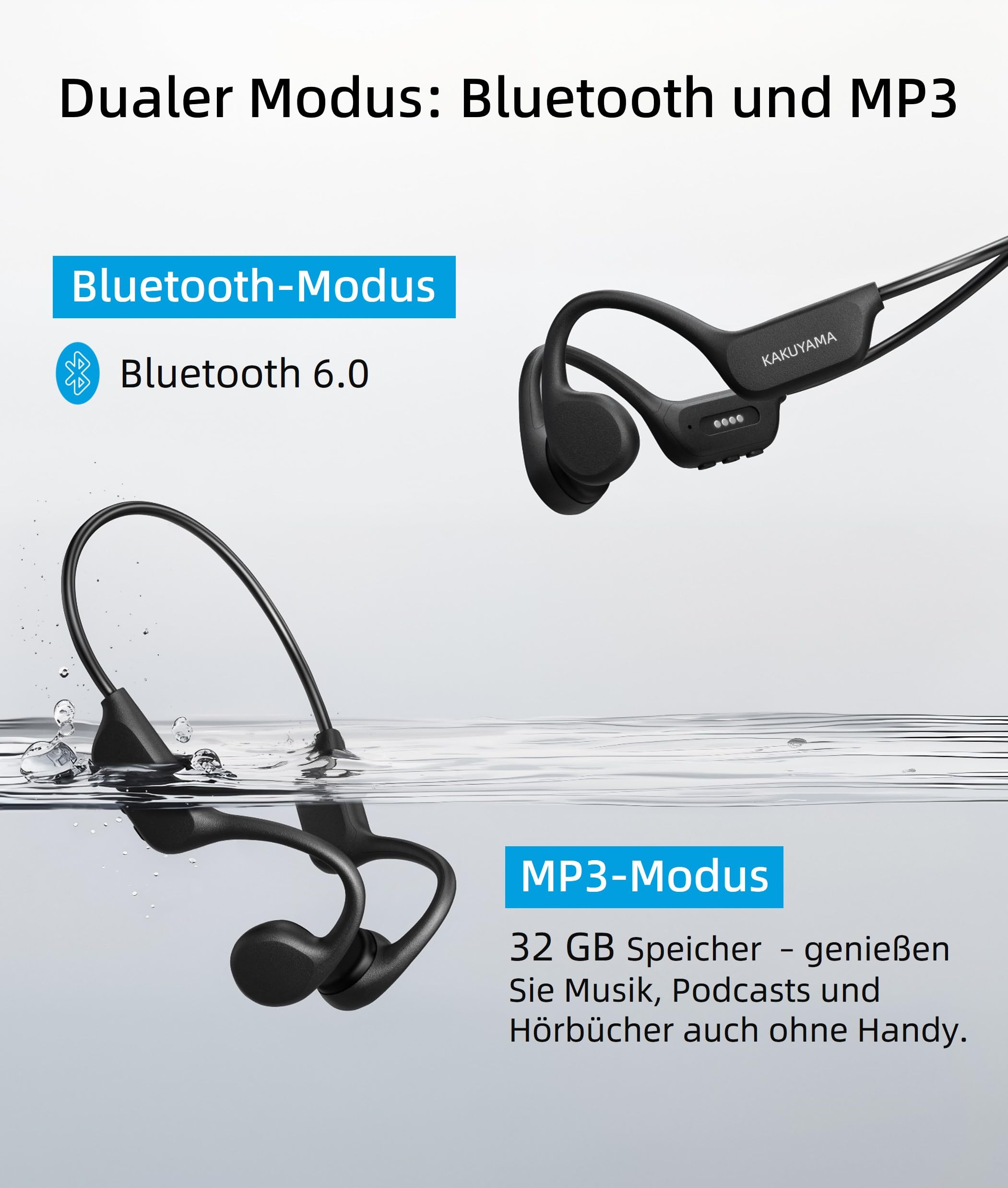 X17 Knochenschall Kopfhörer, Open-Ear Sportkopfhörer für Schwimmen & Laufen, IPX8 wasserdicht mit 32GB MP3 Player, Bluetooth 6.0, 10 Std. Spielzeit, für Radfahren & Fitness, Schwarz