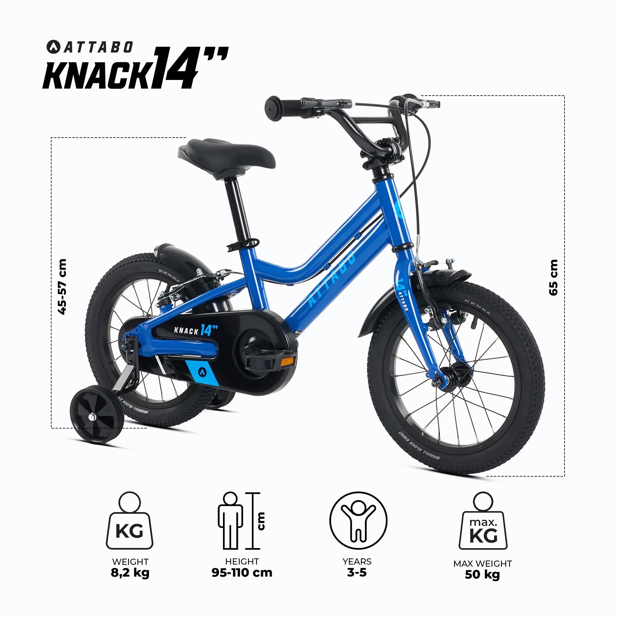 ATTABO Knack 14 - Bicicleta Infantil (2 – 5 años) con Marco de Aluminio Ligero (8 kg), Ruedas de 14 Pulgadas, Altura de 85 a 110 cm, soporta hasta 50 kg, Manillar ergonómico, Ideal para Primeros
