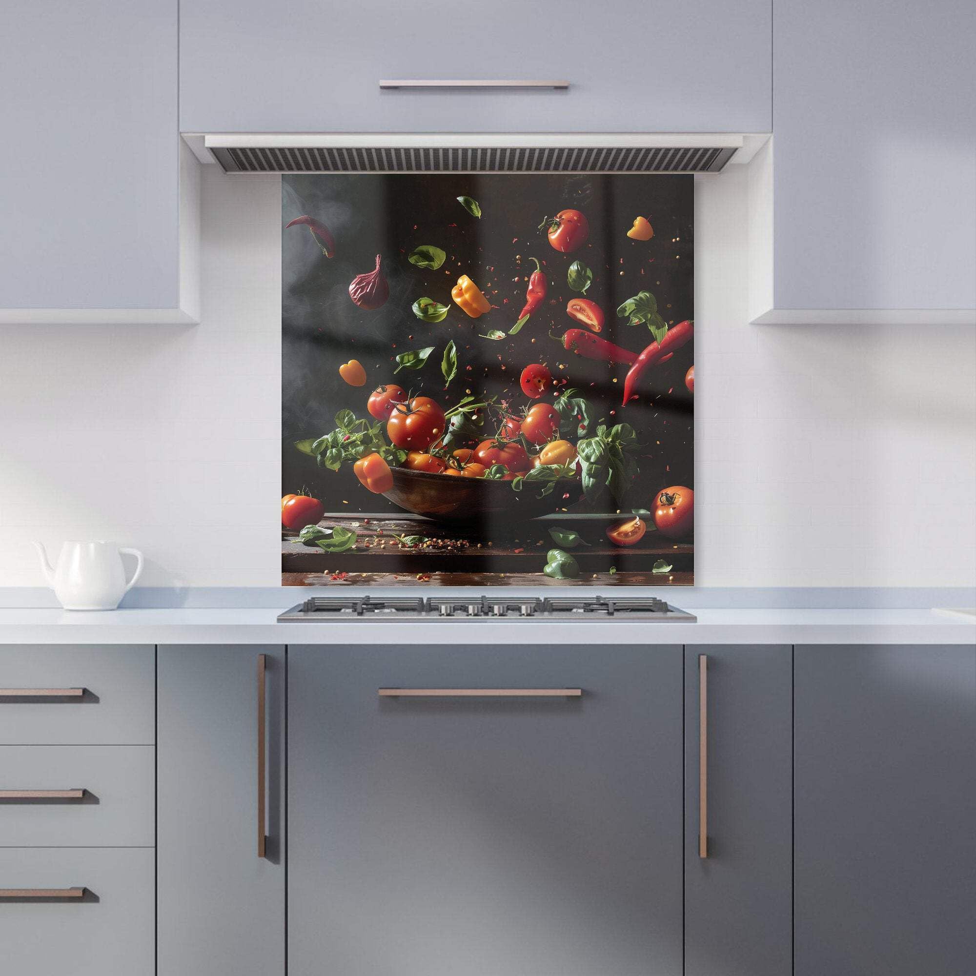 Rackhams Dark - Designer Dynamic Levitation: Vegetable Ballet Kitchen Splashback - W600mm X H600mm