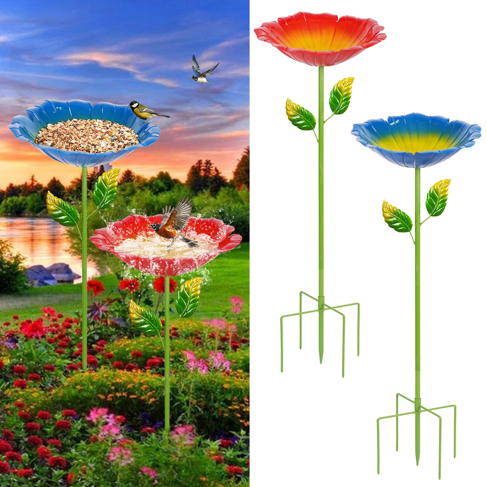 2 Pack Bird Bath for Outside, Outdoors Garden Decor Flower Birdbath