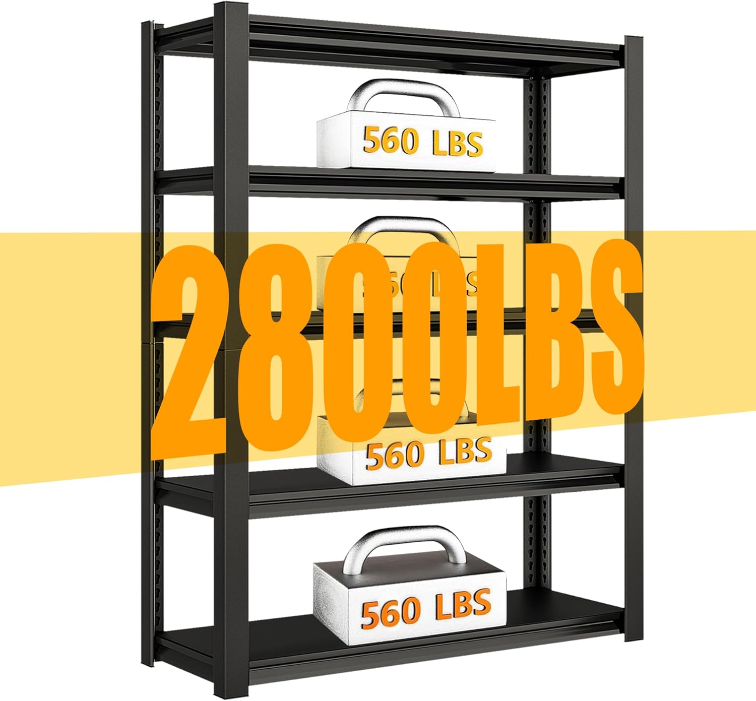 48" W Garage Shelving Heavy Duty, 5-Tier Metal Storage Racks, 2800LBS Loads, Adjustable Shelves, Black
