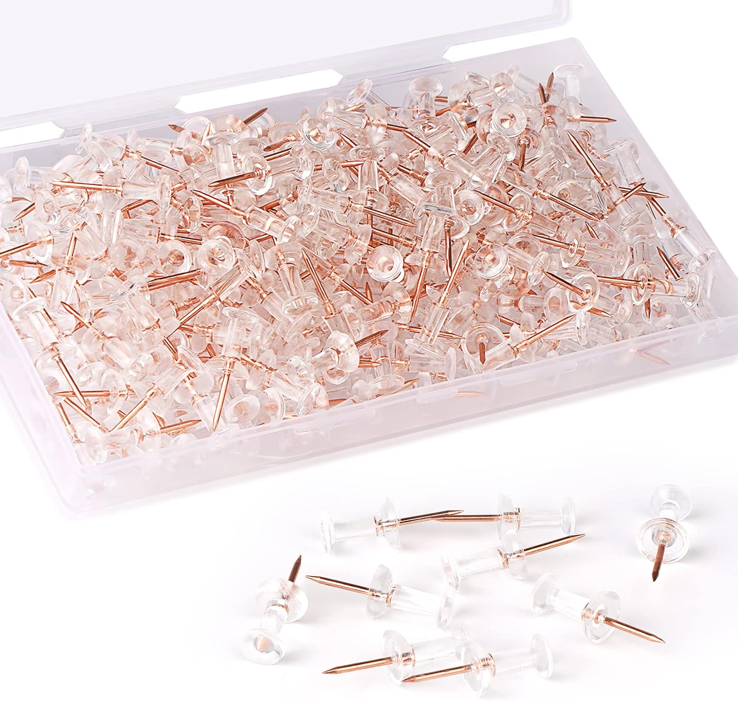 Rose Gold Push Pins 200Pcs Thumb Tacks Standard Pins Gold Steel Point and Transparent Plastic Head for Cork Board, Wall, Map Pins