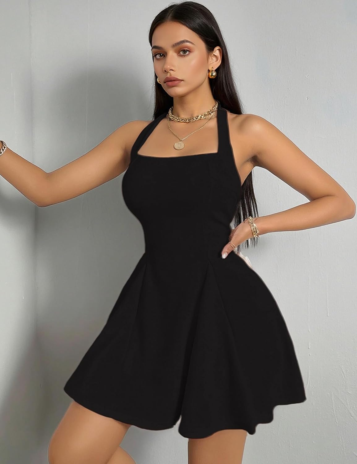 Womens Halter Neck Short A-Line Dresses Backless Flare Beach Homecoming Cocktail Club Mini Dresses - Image 4